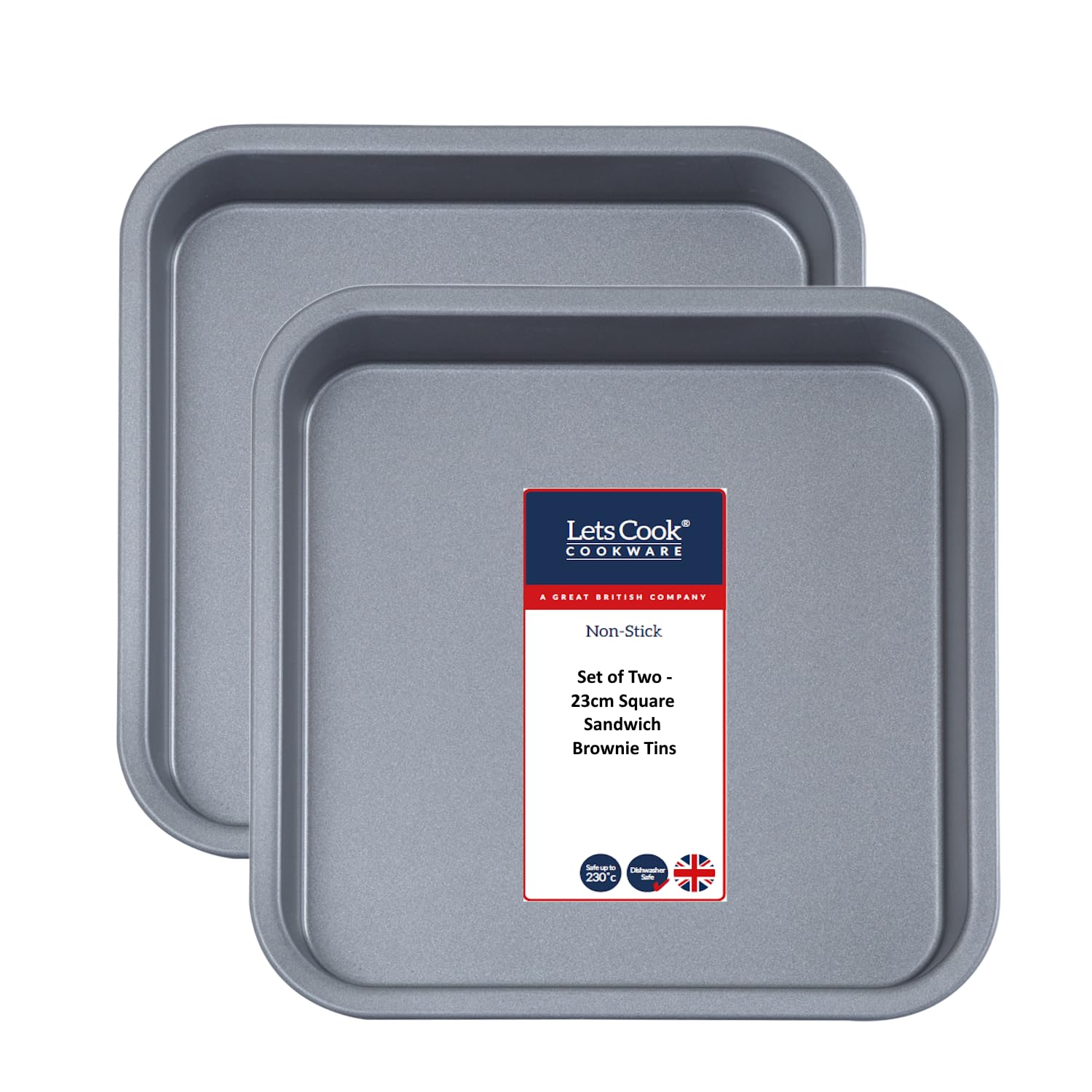 Teglie quadrate antiaderenti da 22,9 cm, confezione doppia (set da 2), base fissa, 23 cm, realizzate in Gran Bretagna, per brownies, fette biscottate, pane corto, torte, cottura e