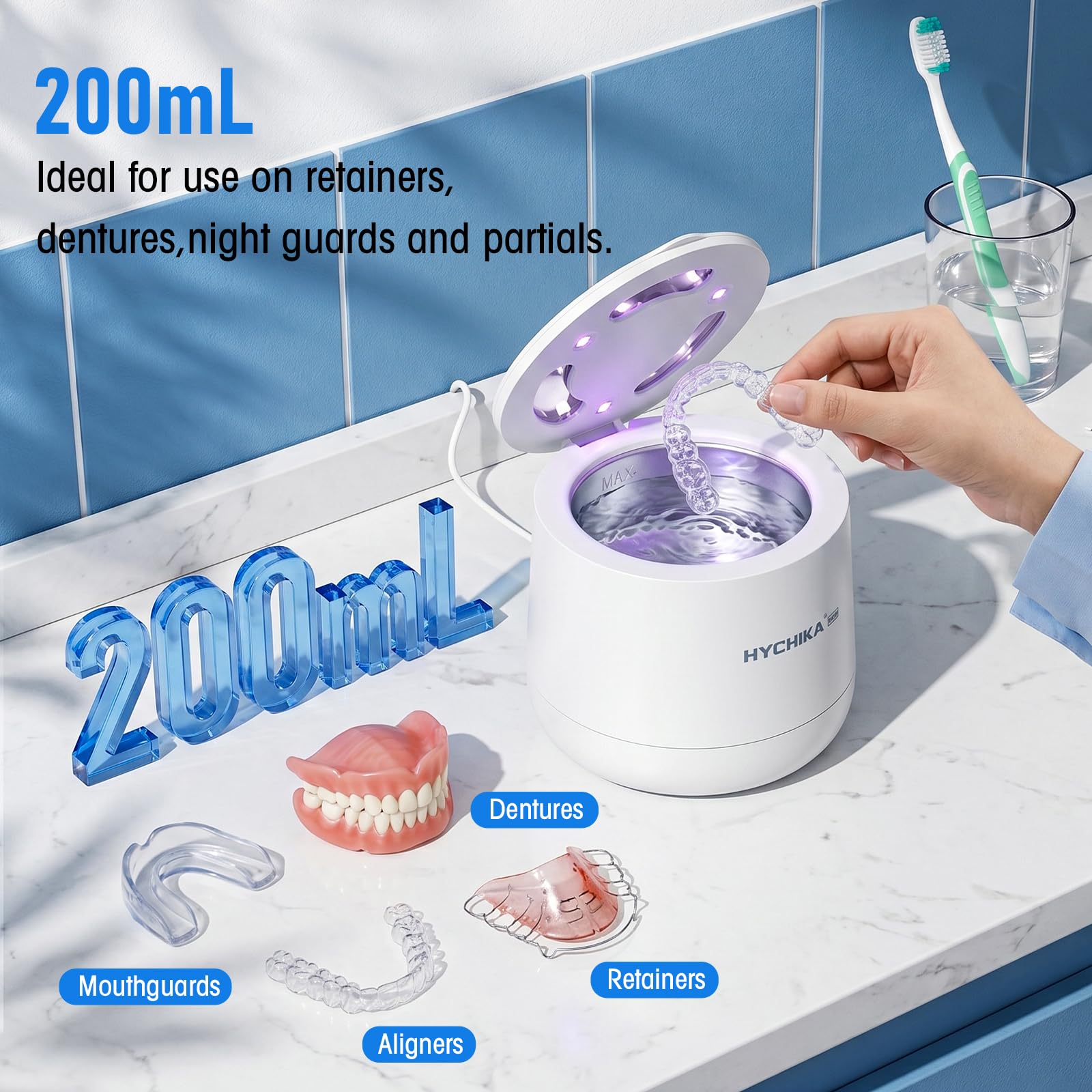 Nettoyeur Ultrasons avec Stérilisation par UV,Haute Fréquence 45kHz Ultrasonic Cleaner,4 Modes,Affichage numérique HD,200 ml,pour Dentaires, Appareils de Contention, Gouttières de Nuit etc.,Blanc