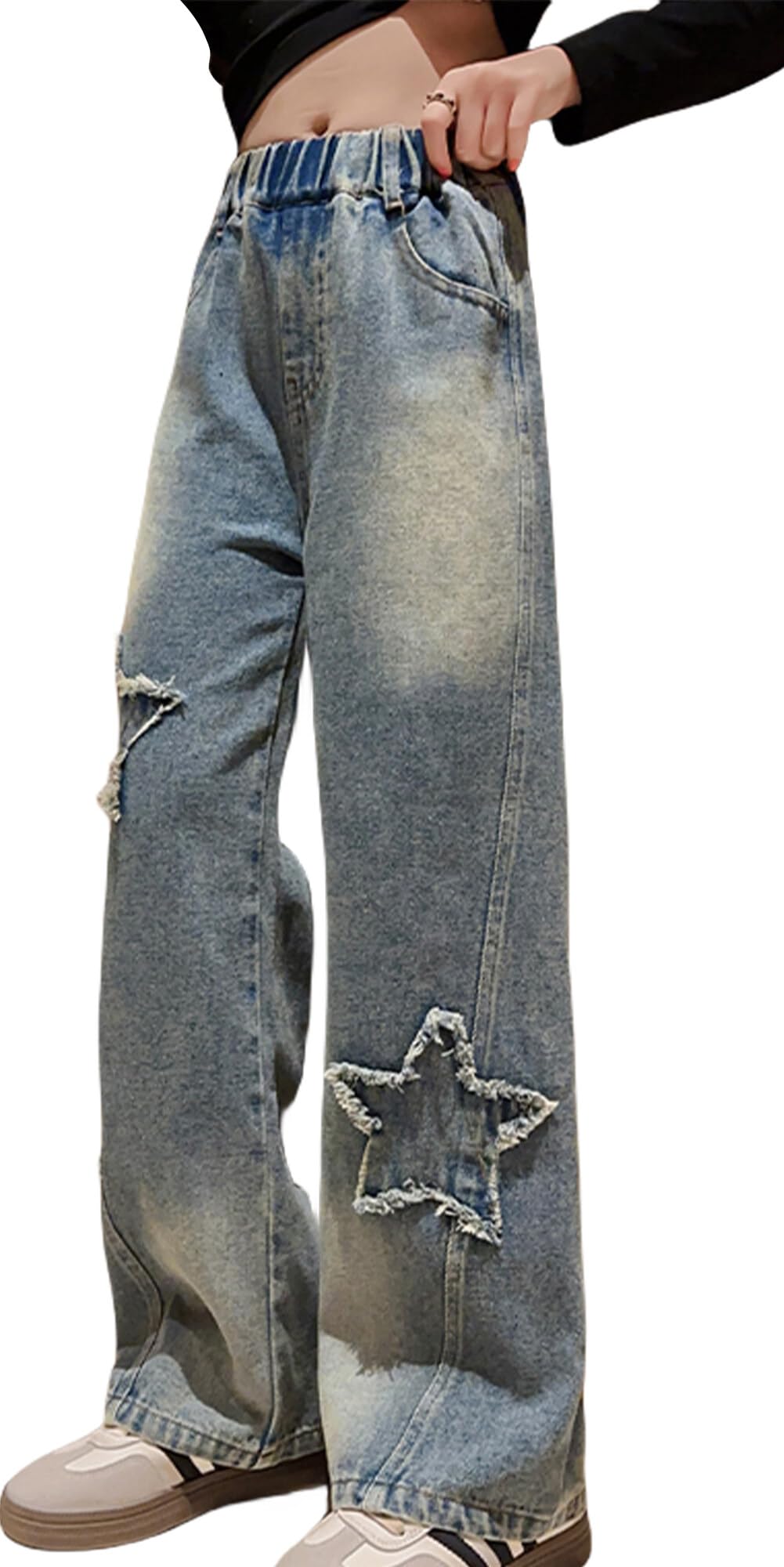 Happy Cherry - Pantaloni Lunghi Jeans Ragazza Bambini Jeans Casual con Elastico Vita Pantaloni Confortevole Ragazze per Estate Primavera Autunno - 5-15 Anni