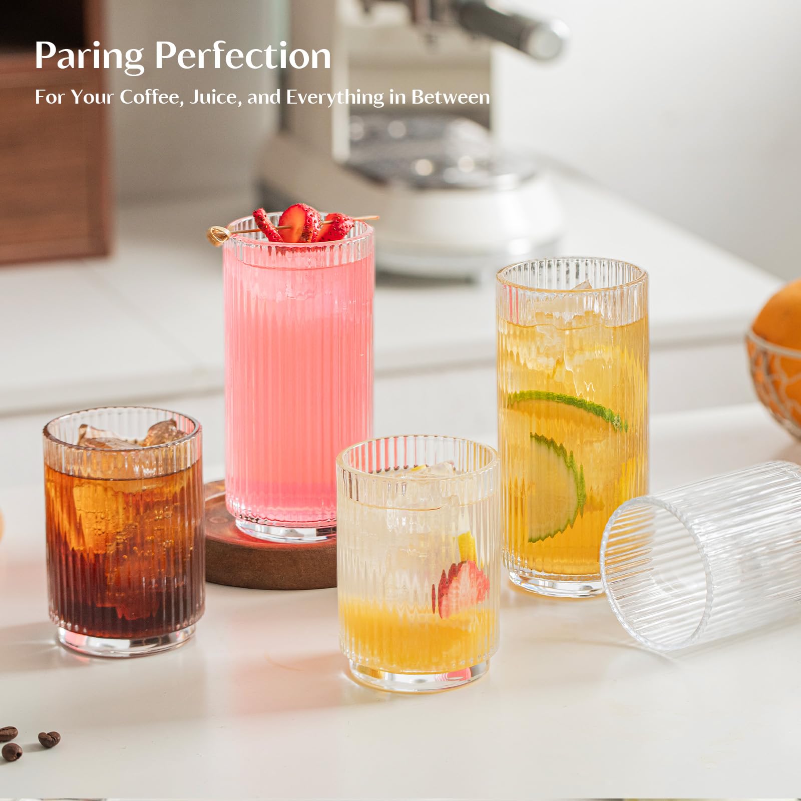INSETLAN Wassergläser 12er-Set, 6x 355ml Highball Gläser & 6x 235ml Lowball Gläser, Geriffelte Trinkgläser für Ideal für Zuhause, Restaurants, Partys | Spülmaschinenfest