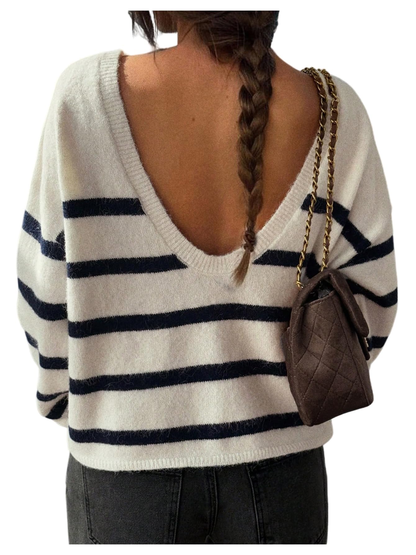 GORGLITTER Womens Oversized Striped Sweater Fuzzy Backless Long Sleeve Crew Neck Pullover