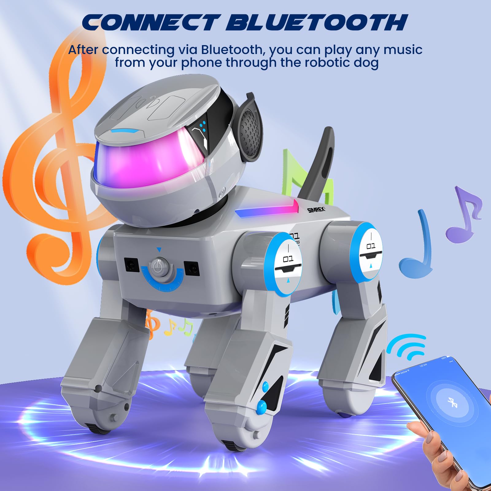 SIMREX Robot cane giocattolo per bambini, cane robot intelligente interattivo con sensore tattile, telecomando Bluetooth, trucchi danza, occhi LED, regalo di compleanno per ragazzi e ragazze, grigio