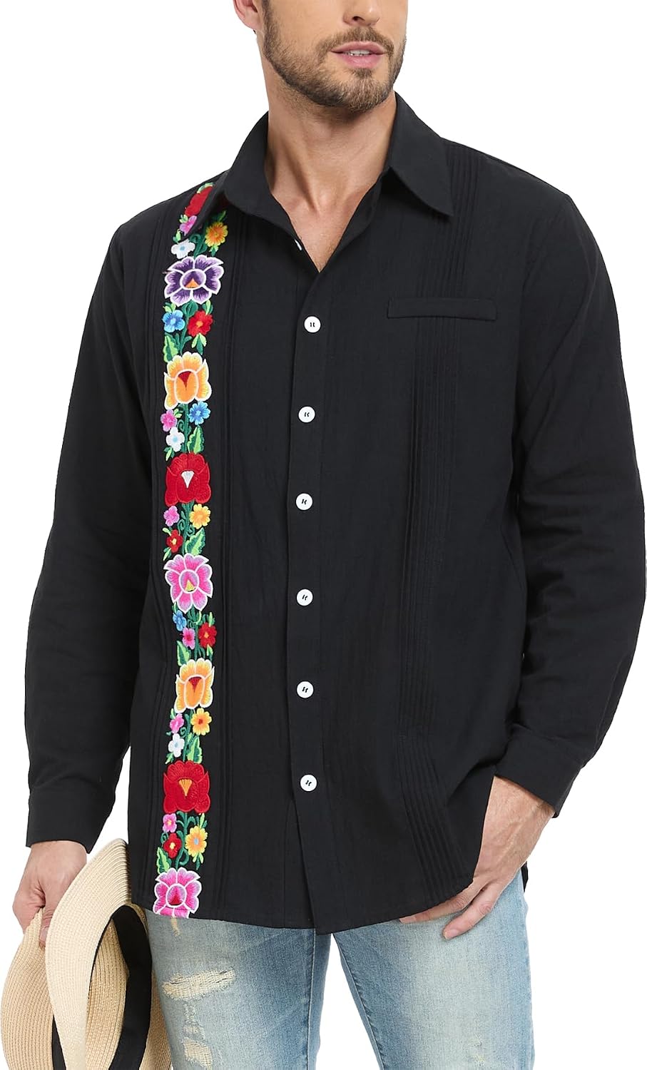 YZXDORWJ Men's Mexican Shirts Cuban Guayabera Shirt Casual Long Sleeve Embroidered Linen Summer Beach Shirts