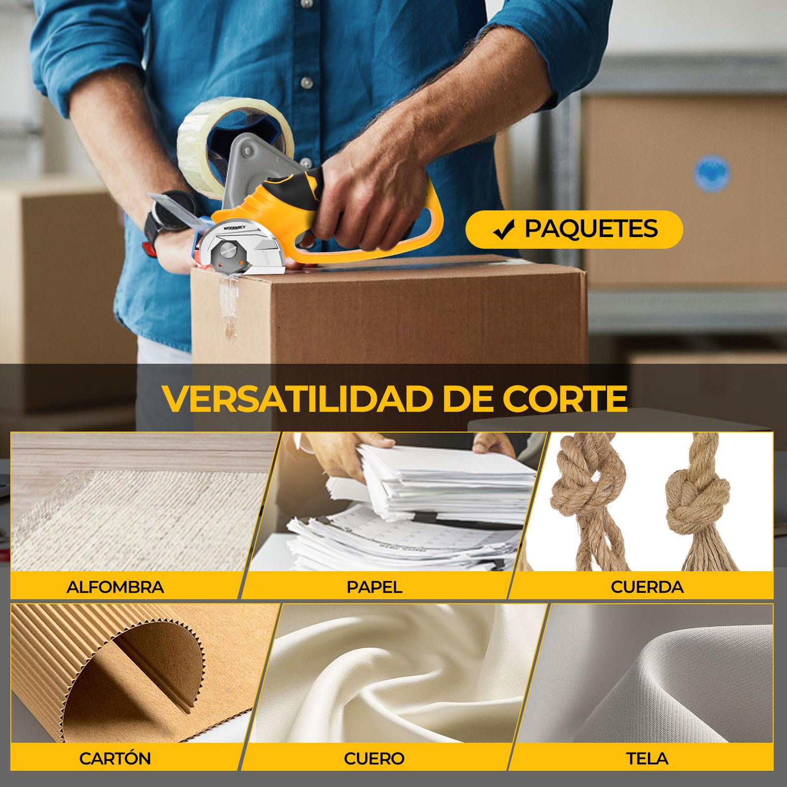Tijeras Eléctricas Recargables 220RPM, Cortador Eléctrico de Cartón, Cizalla Eléctrica Portátil con Luz LED y Seguridad, para Costura, DIY y Reciclaje de Cartón (Amarillo)