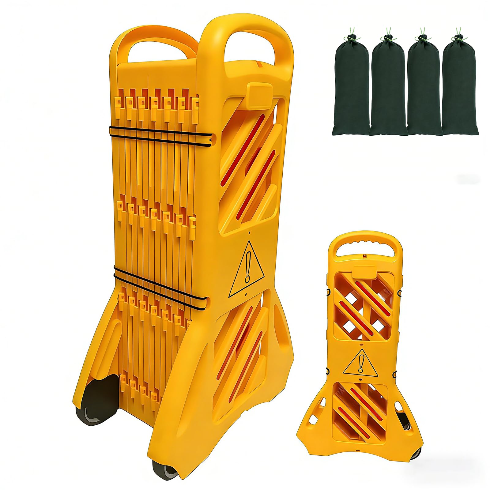 Barriera da Cantiere Pieghevole 4m in PVC, con Sacchi di Sabbia per Maggiore Resistenza al Vento, con Ruote e Maniglia, Facile da spostare, Barricate per Cantieri e segnaletica Stradale