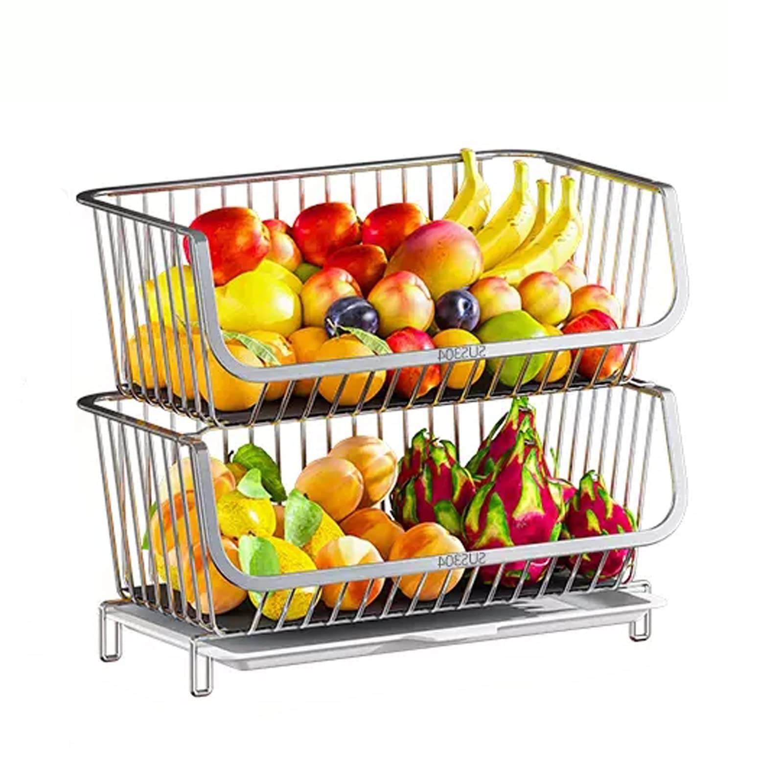 Cking Vetable Sto Solut - Cesto di frutta in acciaio a 2 ripiani per la cucina, per frutta e prodotti domestici (argento)
