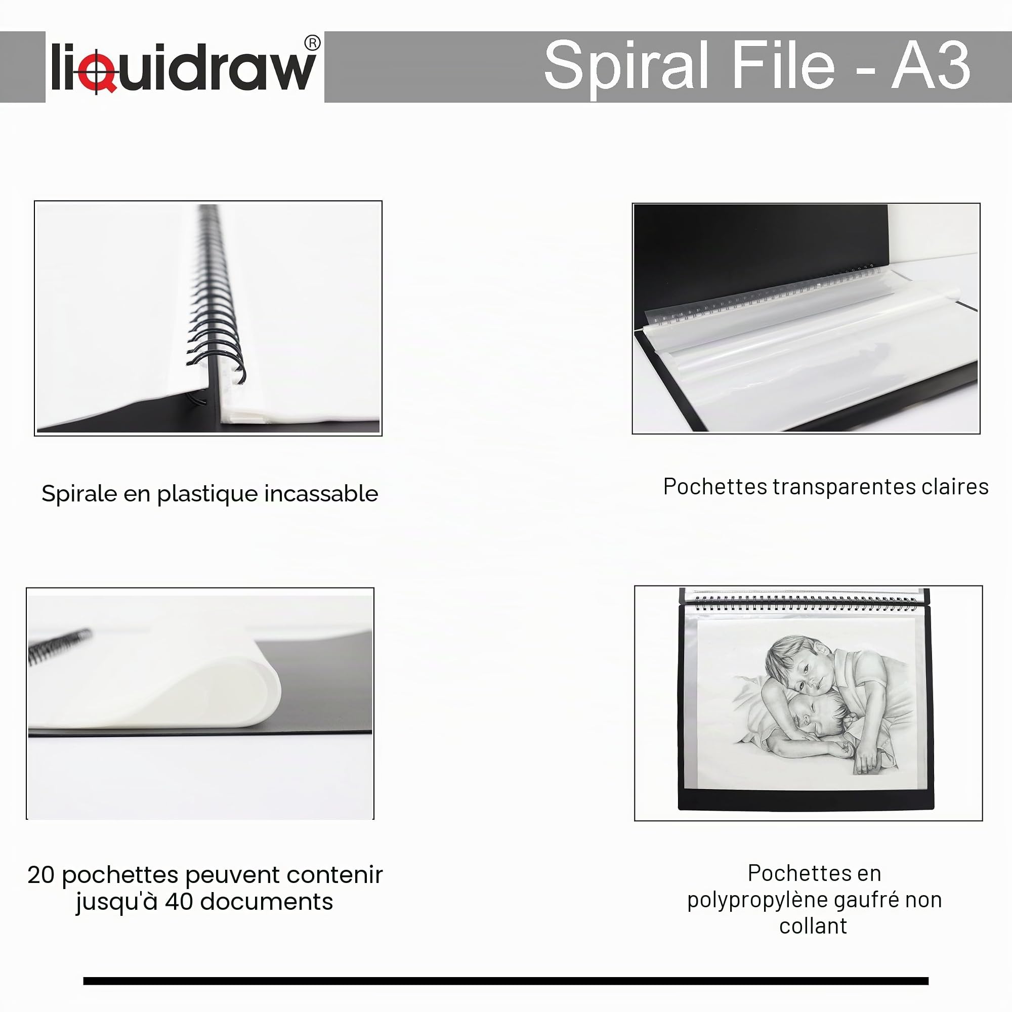 Case Liquidraw A3 Art Portfolio avec 20 Poches Insert Storage pour Artistes, Architectes, Dessin, Peinture, Documents et Fichiers Professionnels