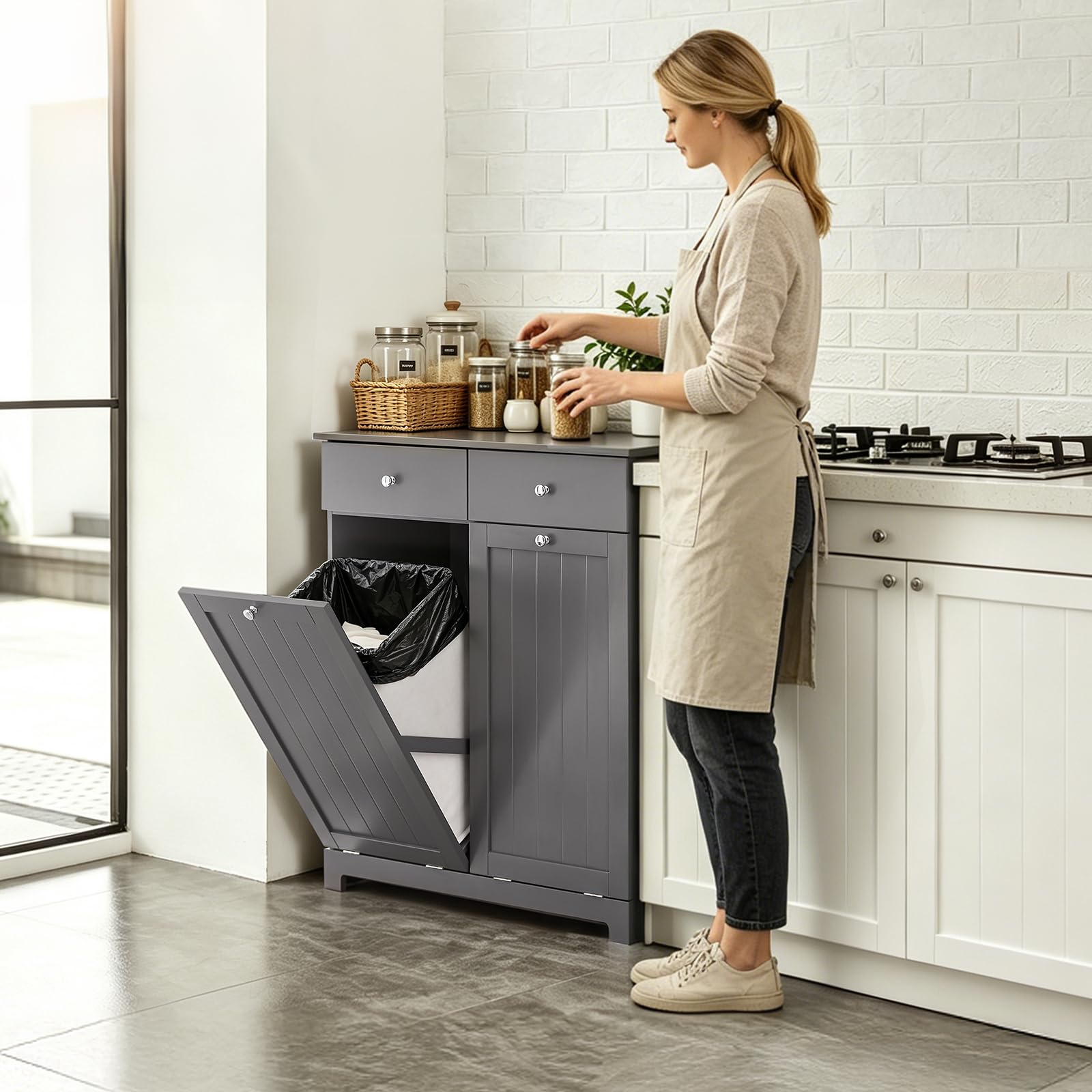 SoBuy Mobile Spazzatura Cucina con Pattumiera Integrata 78x38x90cm Cucina | Armadietto Raccolta Differenziata con 2 Cassetti E 2 Sacchi da 45L, Chiusura Silenziosa, Grigio, BZR33-II-DG
