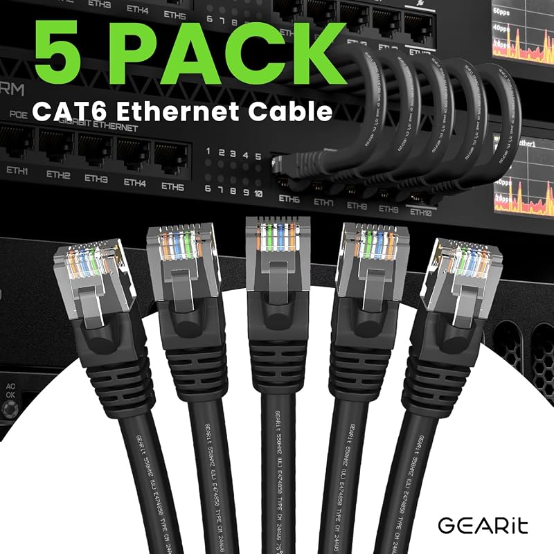 GEARit Cat 6 Ethernet Cable Pack - 5-Pack 75 ft Cat6 Ethernet Patch Cables | RJ45 Network Patch Cable, 10 Gbps Snagless Gold-Plated Connectors - Ethernet Cable Cat 6 for PC, TV, Router - Black