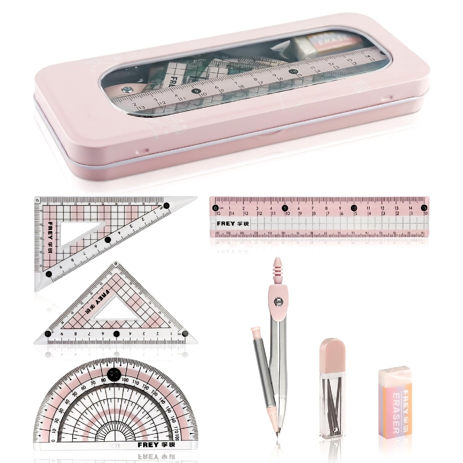 Wellrun Compass and Protractor Set,Drawing Equipment Box,Cute Geometry Kit with Ruler,Eraser,Pencil Refills,Maths Set for Secondary School,Office,Home,Measuring,Exam Stationery
