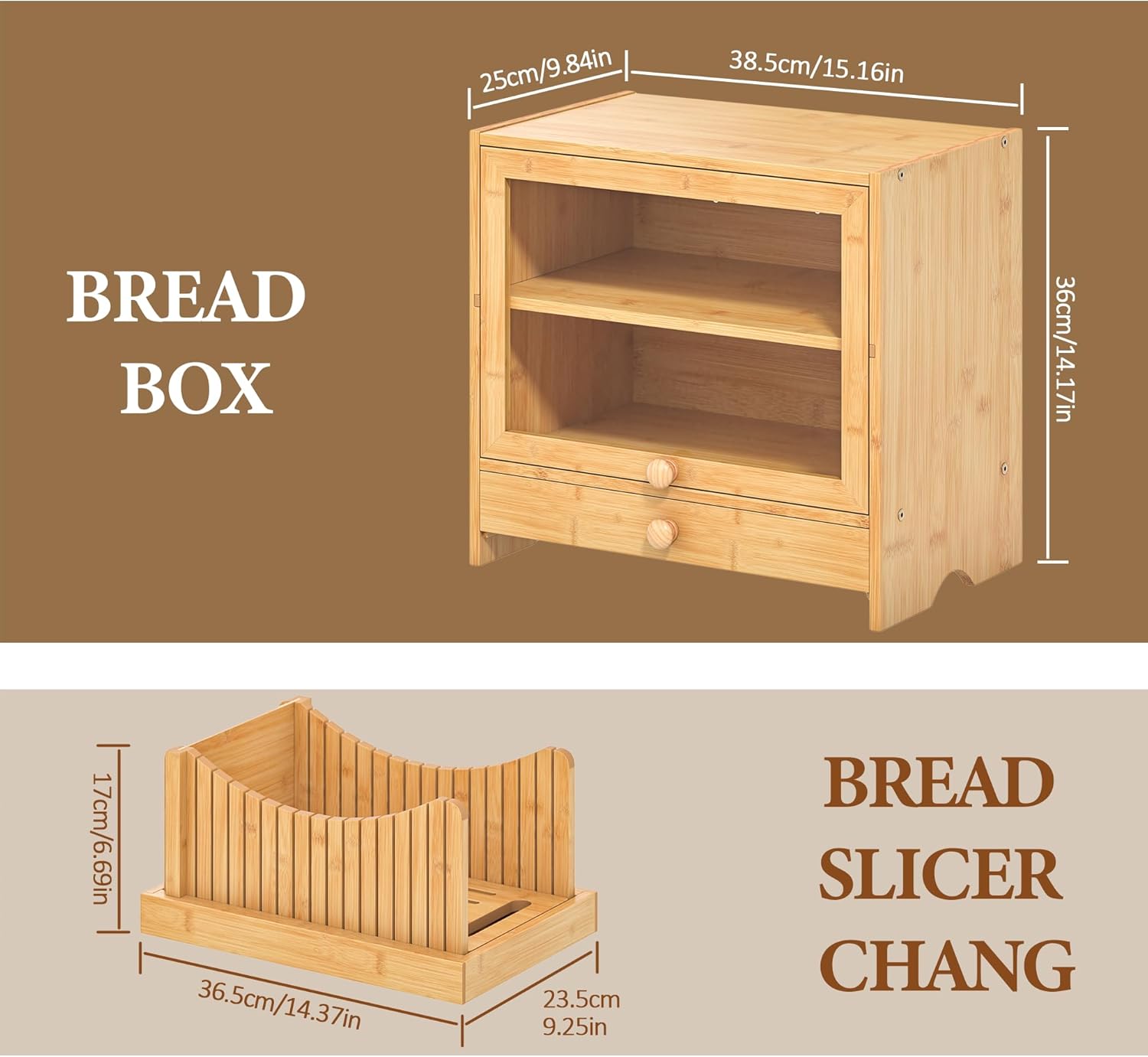 2 Tier Bread Box, Natural Bamboo Wood Bread Storage Container Cabinet with Window for Kitchen Countertop, Space Saver Handmade Sandwich Bread Keeper for Home Bakery (Breadbox with Slicer)