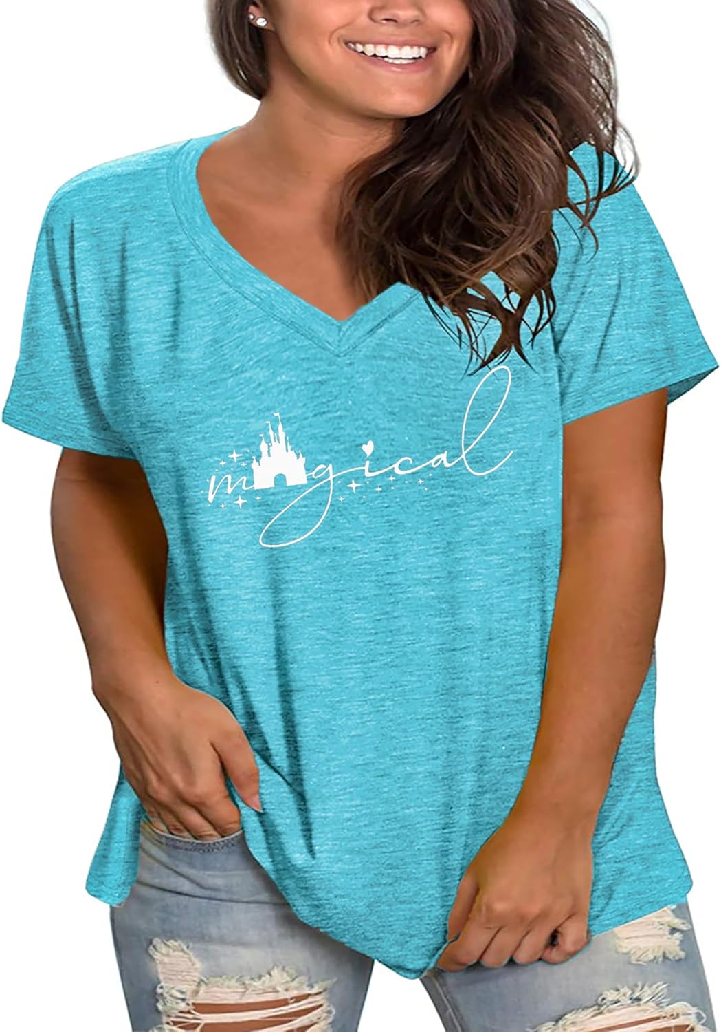 Plus Size Magical Shirts Women Magic Castle V Neck T Shirts Short Sleeve Tshirts Summer Tops - Image 2