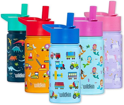 Wildkin Botella de agua de acero inoxidable de 14 onzas para niños y niñas, perfecta para guardería, escuela o viajes, cuenta con parte superior de