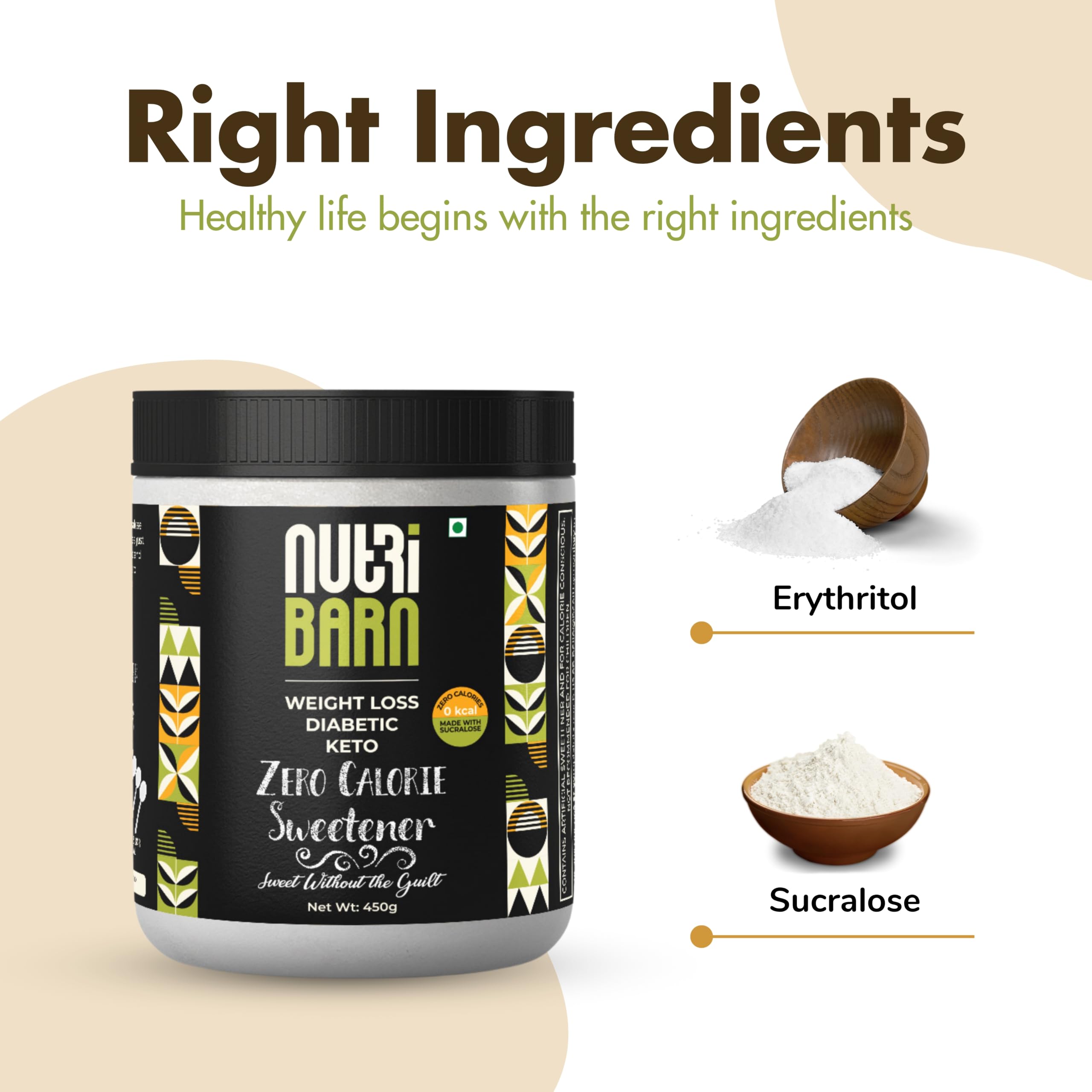 Nutribarn Zero Calorie Sweetener 450g. Sugar Free. 450 servings (1:4) 4x Sweeter than Sugar. Low Carb, Low Calorie Sugar Replacement. Zero Glycemic Impact