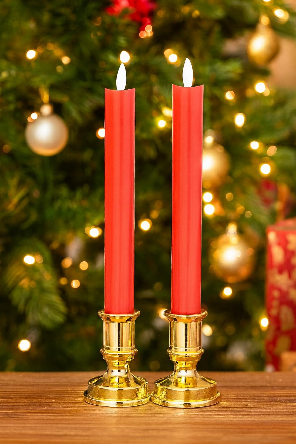 Tia Crafts LED Tapper Candles with Golden Holders, Realistic Warm Glow, Christmas and Wedding Decoration, Set of 4 (2 Red)-image-43