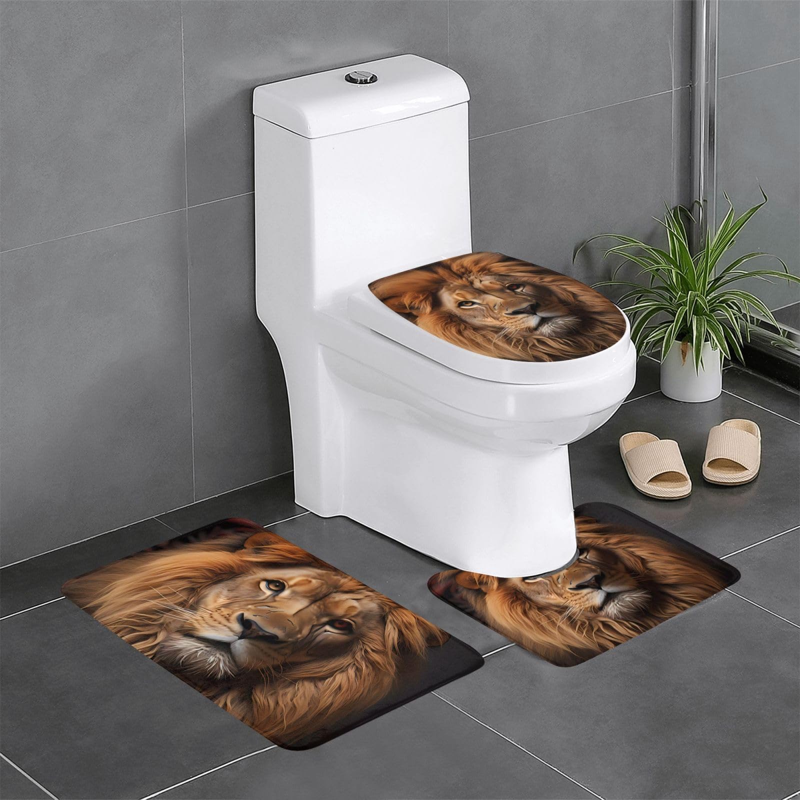 Tapis de sol antidérapants en flanelle lot de 3 pour salle de bain motif lion 61x40cm
