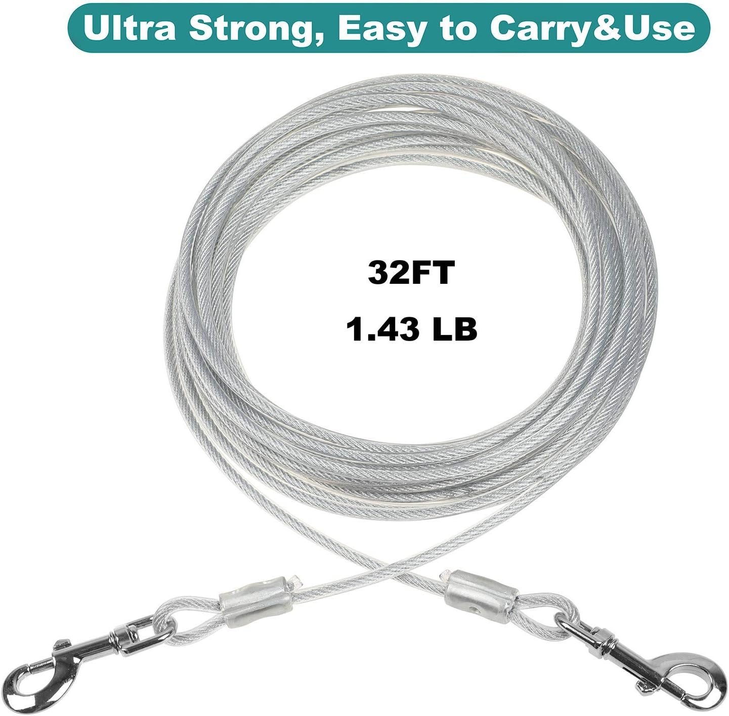 Dog Tie Out Cable - 32 ft Length 650 lbs Break Strength Galvanized Braided Steel Cable with PVC Coating Chew Proof Lead for Small to Large Dogs Pets Yard Camping Outdoors