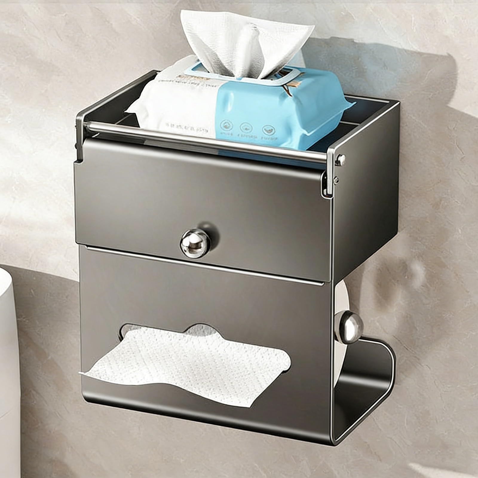 Uchwyt na Papier Toaletowy 2-Poziomowy, Dozownik Chusteczek Higienicznych, Dozownik Papieru Toaletowego Montowany na Ścianie, Dozownik Ręczników Papierowych, Rolkach Metalowy(Gray)