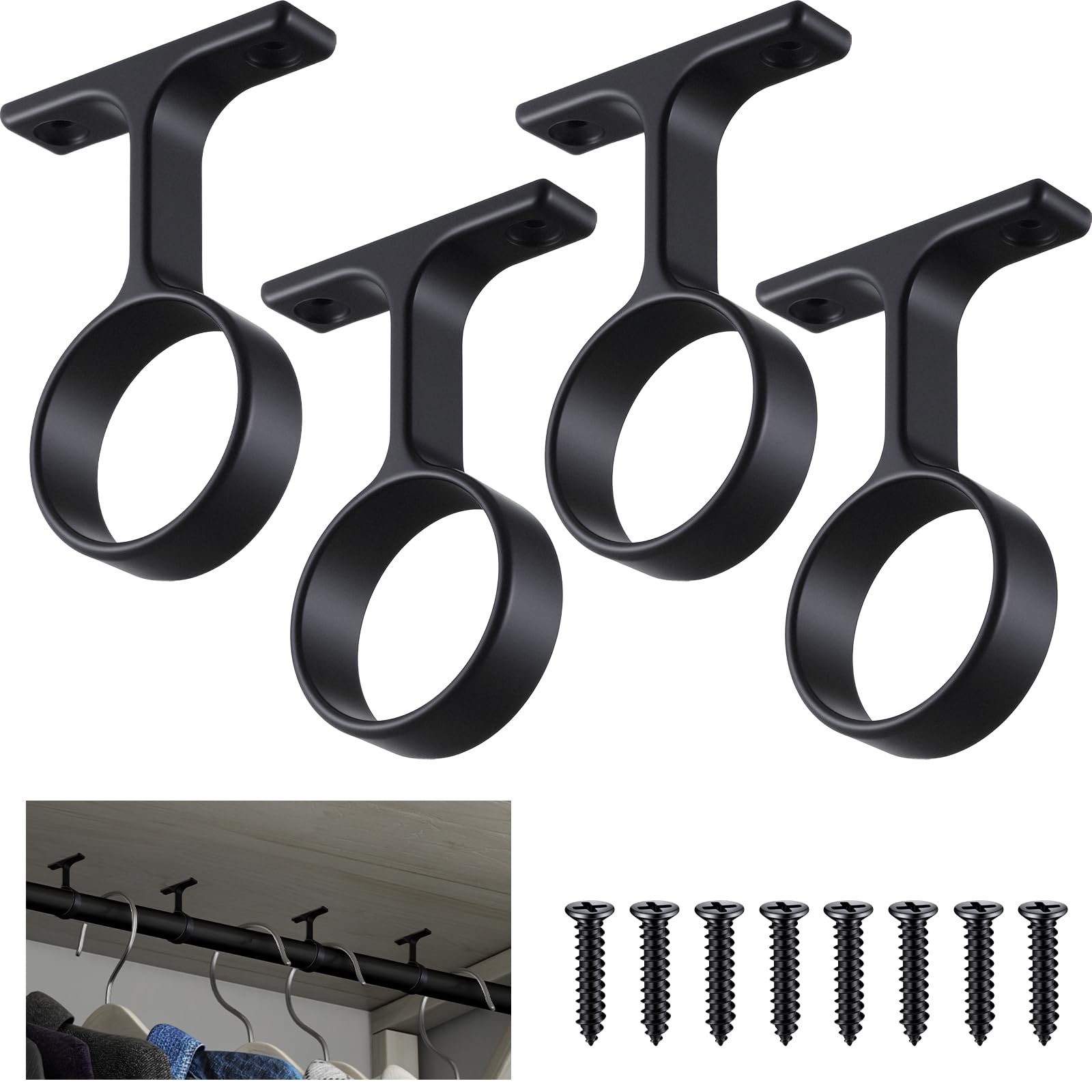 LEIFIDE Lot de 4 tringles rondes de 4,8 cm de diamètre pour penderie, support central suspendu avec vis d'installation, tringle à rideau, support de plafond pour armoire de maison (noir)