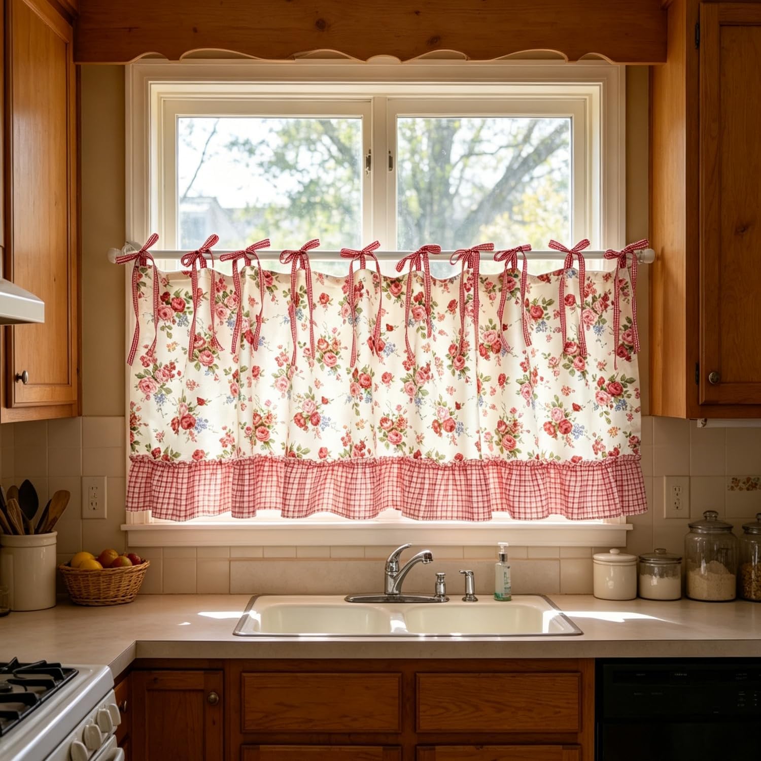 2PCS Portable Oven Apron Skirt Kitchen Curtain Valance for Window | Dustproof Decorative Half Curtain for Stove Dishwasher Tie Top for Cafe Sink Cabinet Bath Bedroom (Pink, W27 L31.5 in)