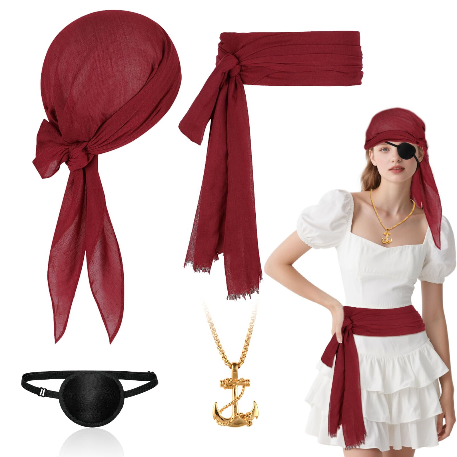 YAUOIPI 4 Pcs Pirate Costume Accessories Set, Vintage Medieval Captain Pirate Fancy Dress kit, Bandana Sash Belt, Anchor Pendant Necklace, Eye Patch,for Halloween,Cosplay, Carnival Party (Red)