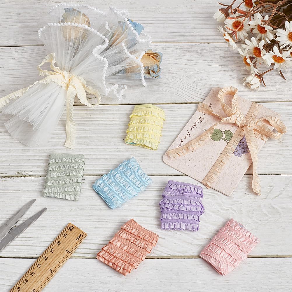 NBEADS 8.7 Yards Elastic Pleated Lace Trim, 3/8 inch Wide Tiny Stretchy Ruffles Narrow Ruffle Edge Lace Ribbon Mini Lace Decoration for Clothes Decoration Sewing Craft Supply, Light Color Scheme
