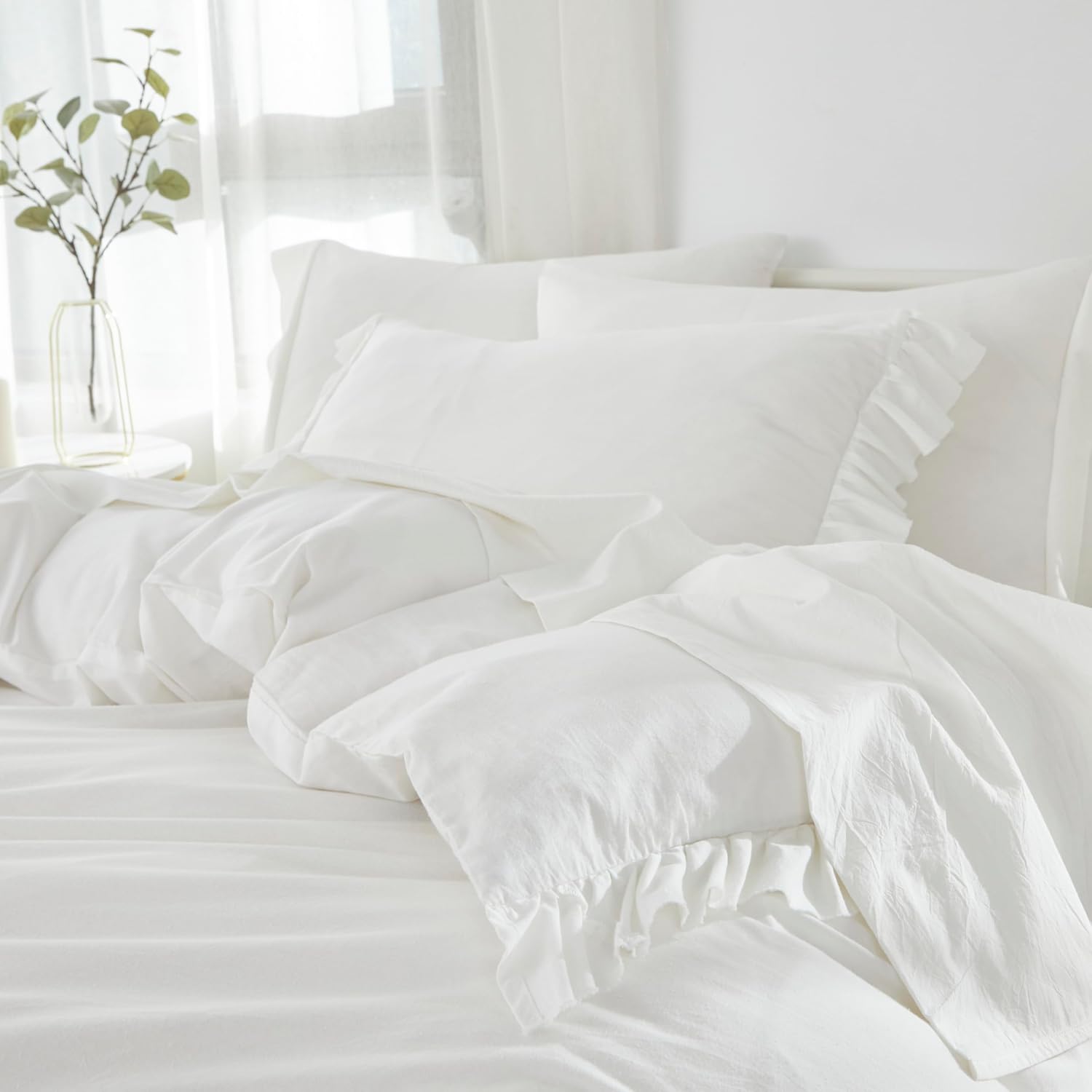Brandream White Sheets Set Full Size 100% Cotton Linen Like Textured Breathable Durable Soft Comfy Deep Pocket Cotton Bed Sheets 4 Pieces