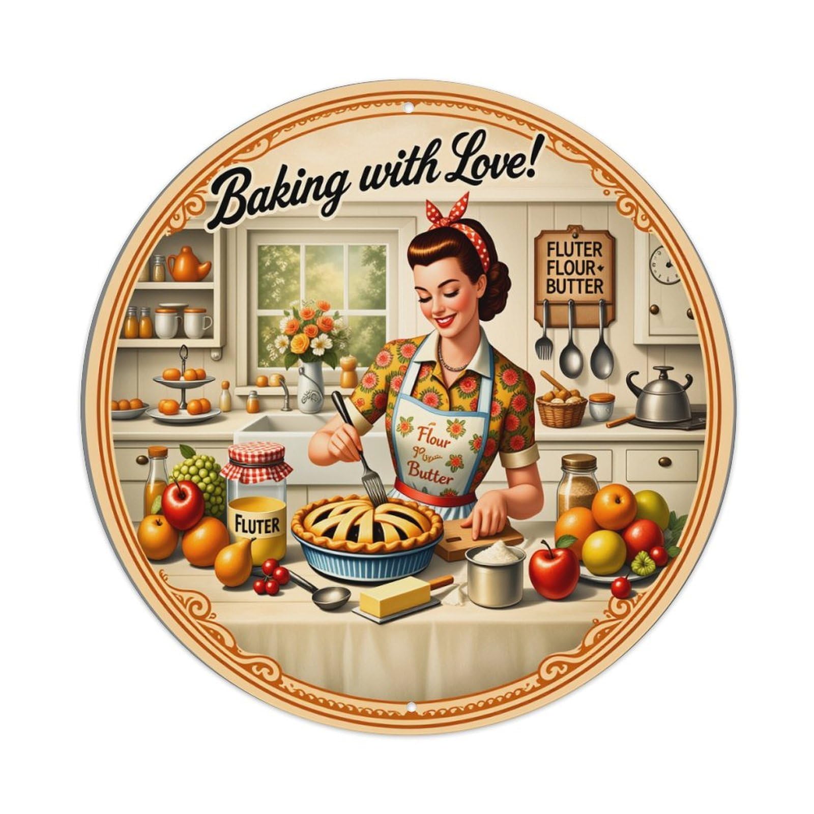 Lzwbntey Vintage Baking With Love Kitchen Scene Metal Tin Sign Retro Wall Decor For Home Bar Garage Cafe, Indoor & Outdoor Decorative，Circle Metal Poster, 8X8 Inch