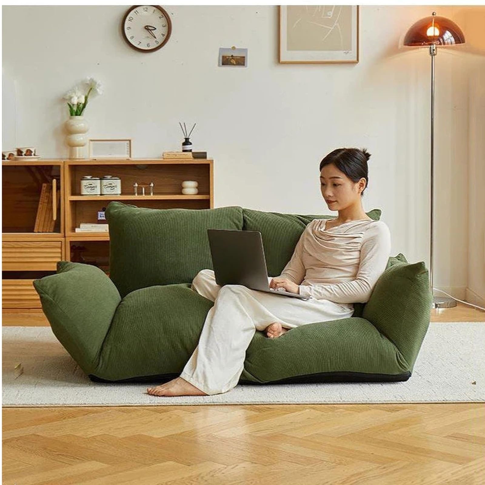 Krzesło torba fasola Składana dmuchana sofa Mała podłogowa z poduszką i oparciem Sofa do sypialni(Green,Duży)