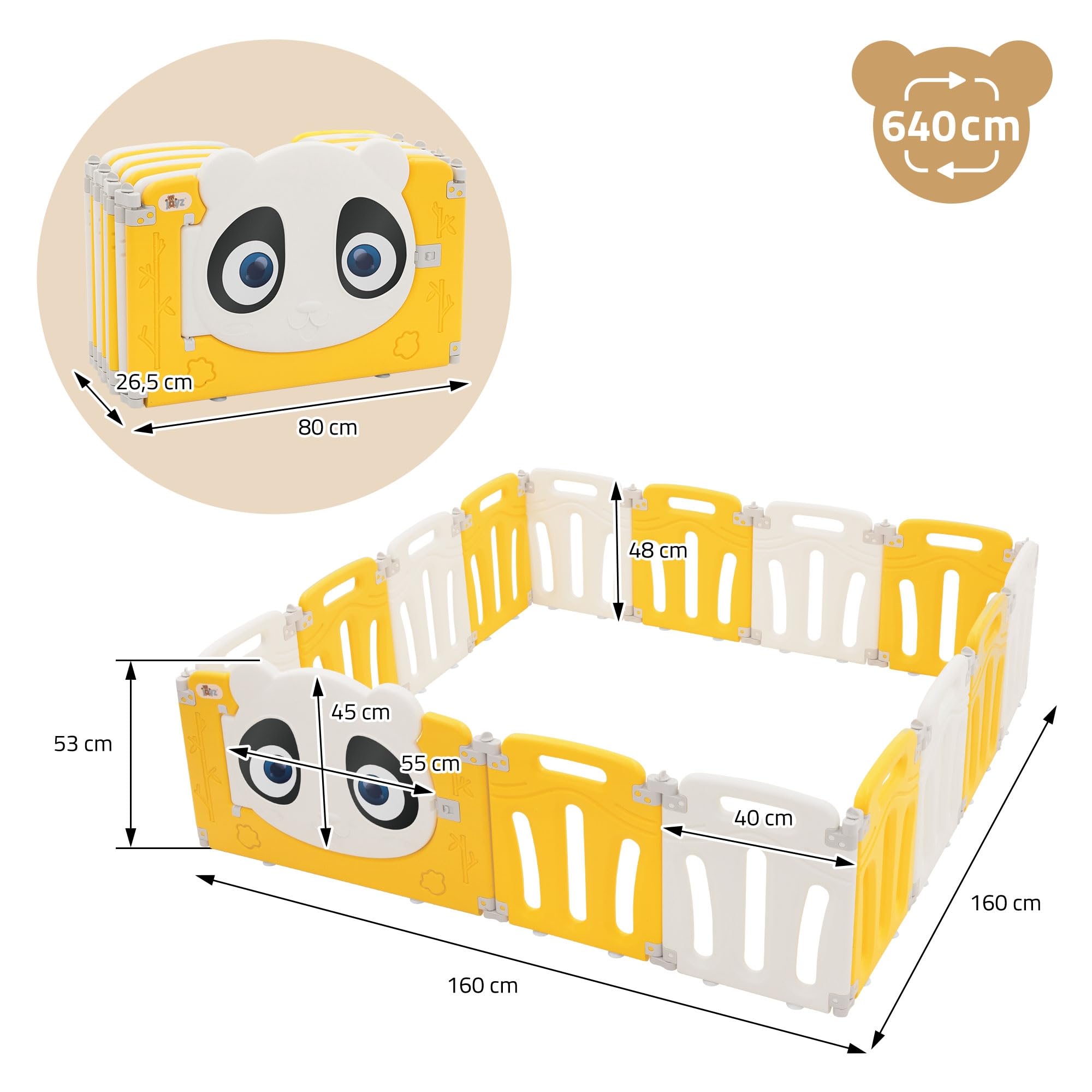 Joyz Box Bambini 160x160 cm Pieghevole Design Panda Bianco/Giallo Cancelletto con Porta e Orologio Didattico Recinto in Plastica per Interni/Esterni Cancelletto per l’Esplorazione dei Neonati