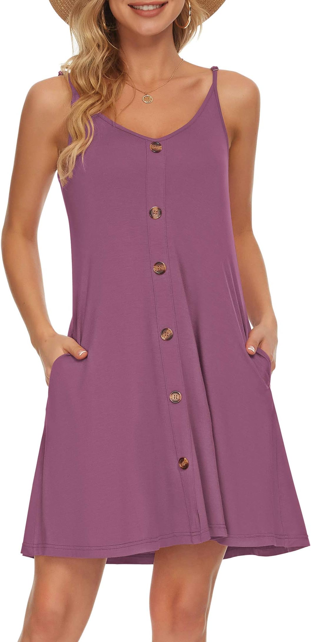 Women Summer Spaghetti Strap Button V Neck Sleeveless Causal Beach Cover Up with Pocket