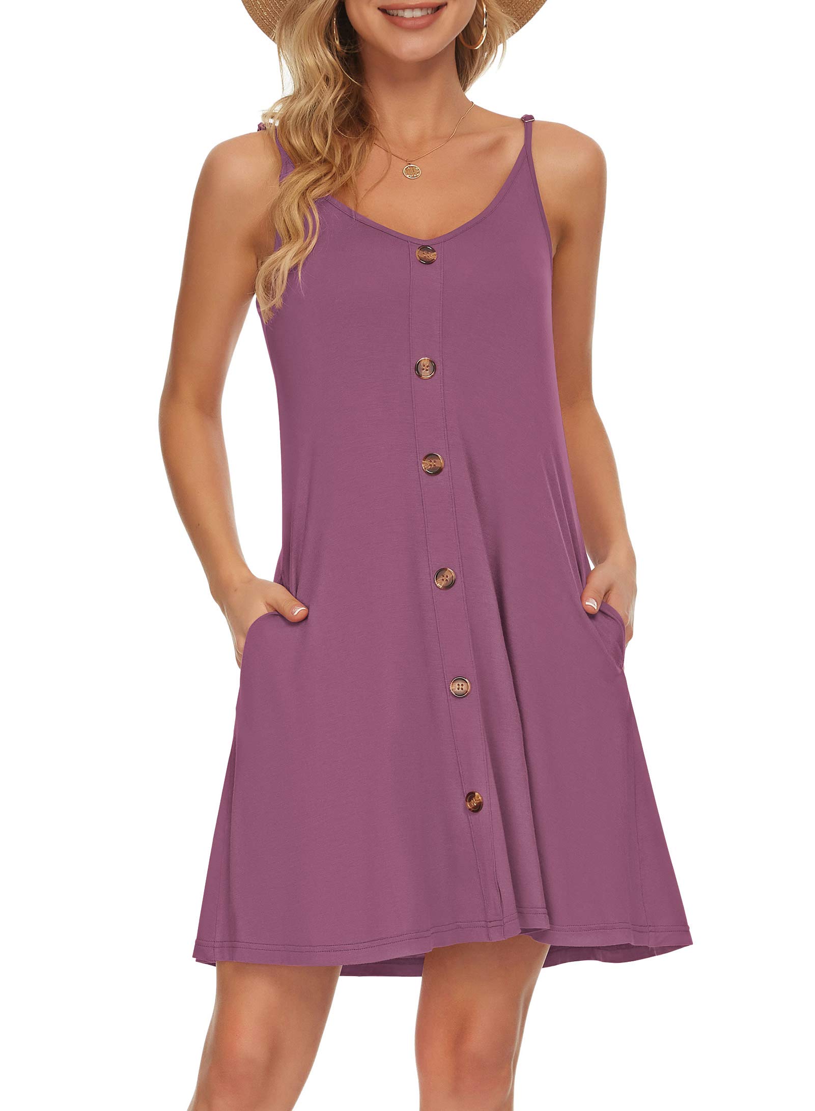 Auselily Women's Mauve Summer Dresses Spaghetti Strap Beach Wear Cover Ups V Neck Casual Dress With Pockets