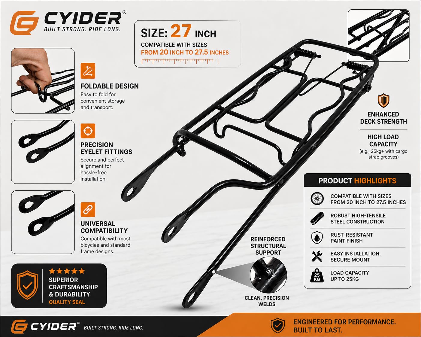 CYIDER Foldable Cycle Carrier for Bicycle | Black Rear Luggage Rack | 14 x 45 x 14 cm | Heavy Duty Iron Carrier | Easy Install Cycle Back Carrier for 20 to 27.5 Inch Cycles 2