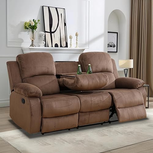 Miniatura 20 de Conjunto de sofá reclinable manual con mesa desplegable, 3 piezas de sofá reclinable de cuero marrón, juegos de muebles para sala de estar, sofá