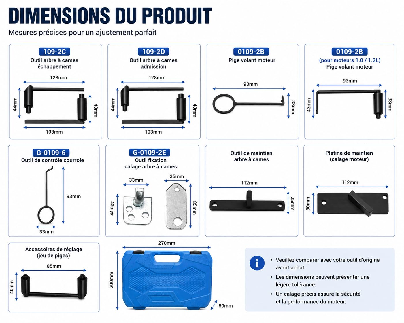 Kit Calage Distribution 1.2 VTi GDI PureTech Essence, Outil Réglage Distribution Compatible avec Citroën Peugeot Opel DS, Moteur 3 Cylindres, 109-2C 109-2D 0109-2B G-0109-2E G-0109-6