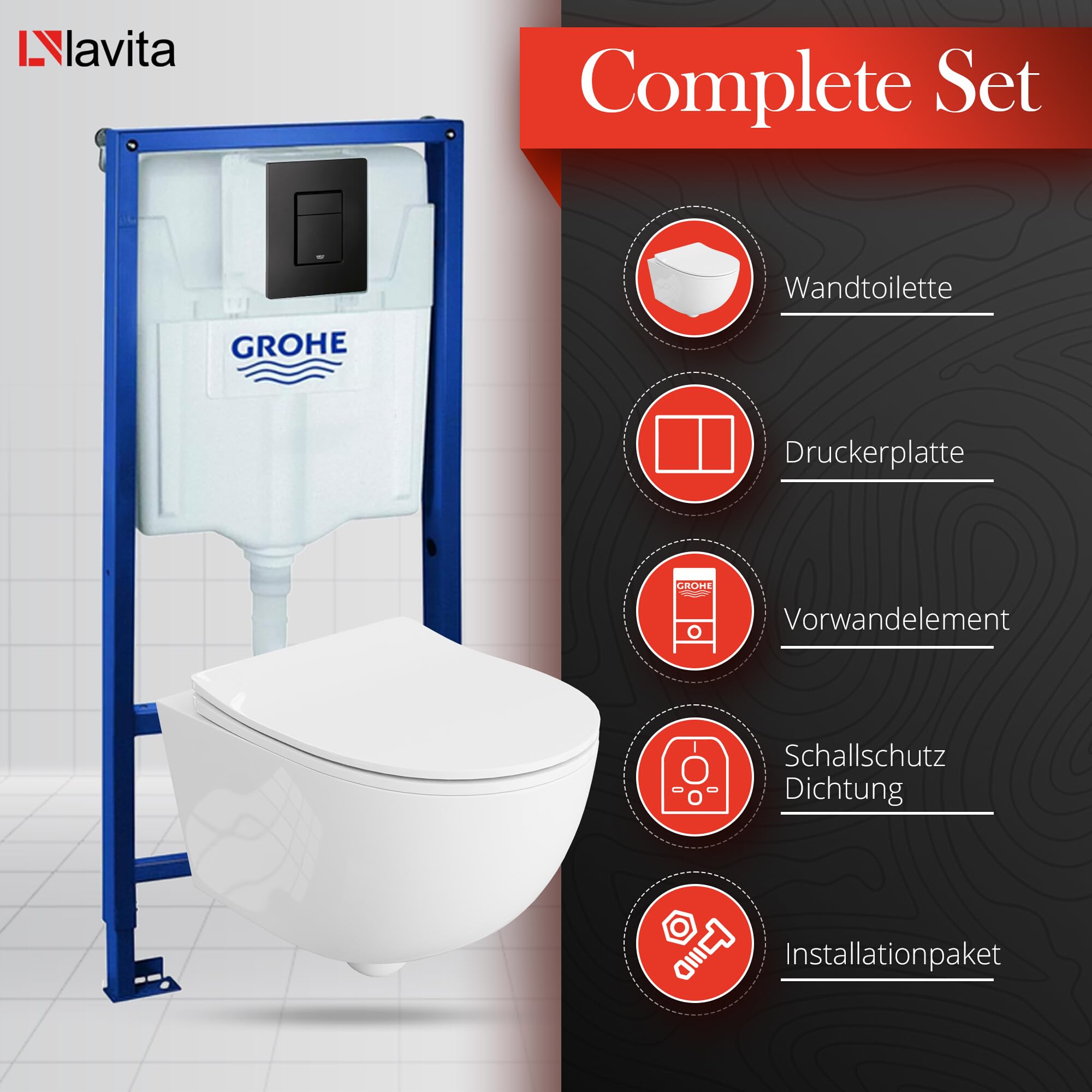 LAVITA | Elemento de pared Solido + pared colgante WC Brava blanco sin borde + asiento de inodoro SoftClose | Botón negro | Juego completo | cisterna empotrada | inodoro completo