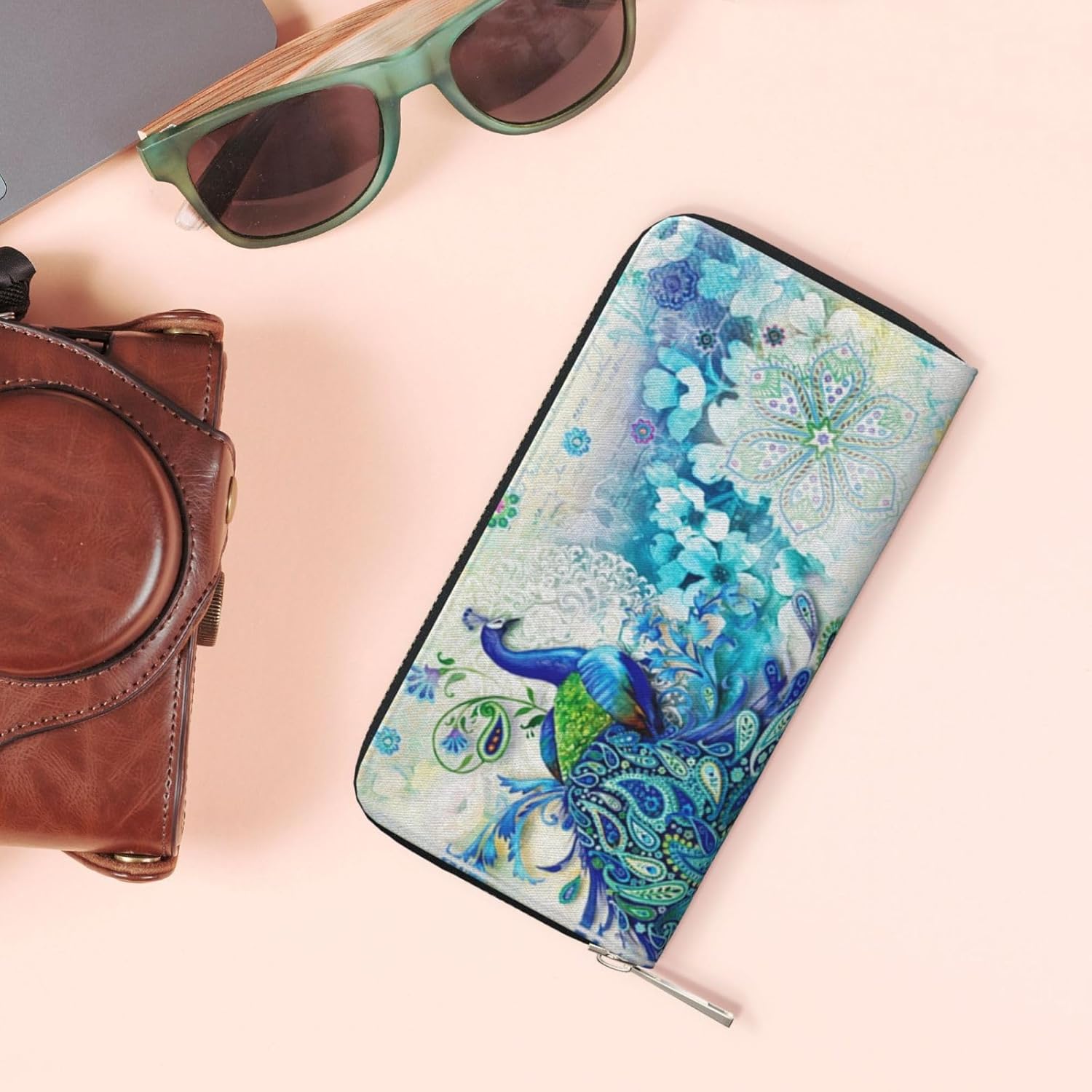 Peacocks and flowers Wallet for Men Women Elegant Long Clutch Zip Around Travel Leather Coin Purse Large Capacity Credit Card Holder Handbag