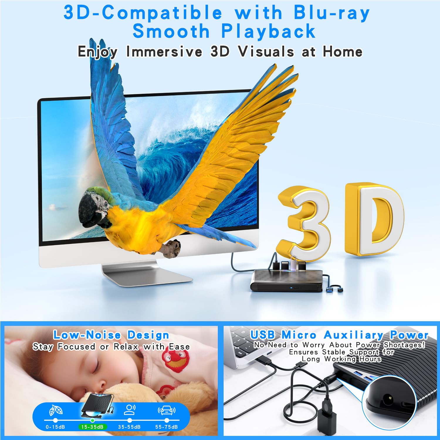 Dainty Unità Blu-ray esterna 7 in 1 lettura/scrittura con masterizzatore Bluray USB 3.0 e tipo C, compatibile con/Windows7-11 Mac OS Supporto per BD/DVD/CD Drive, Windows 7-11 e Mac, PC M-DISC (nero)