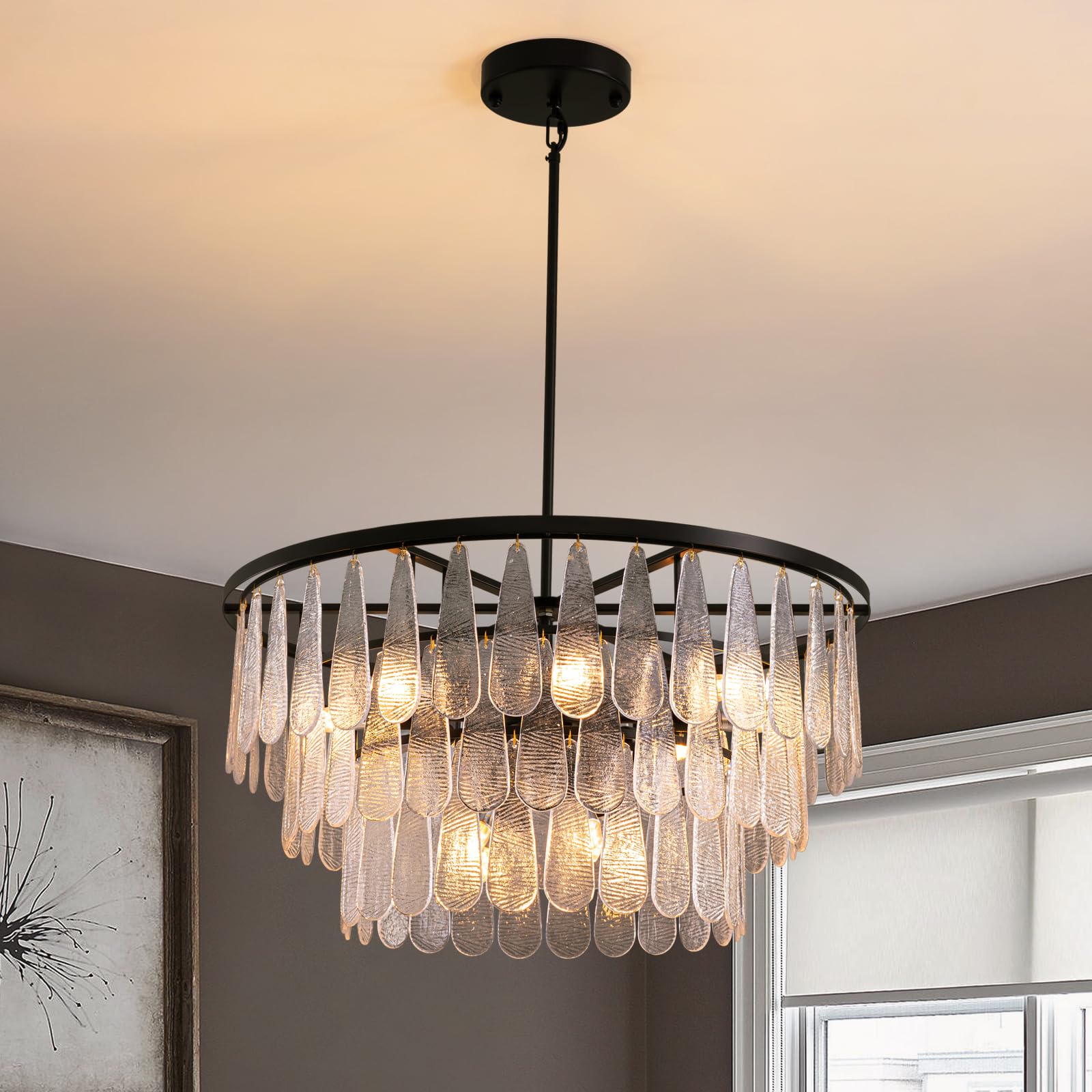 Photo 1 of Siljoy Modern Mable Textured Glass Chandelier, 31.5" Large Black Glass Chandeliers for Dining Room, 12-Light Hanging Pendant Light Fixture, 3-Tier Round Crystal Chandelier for Bedroom Living Room