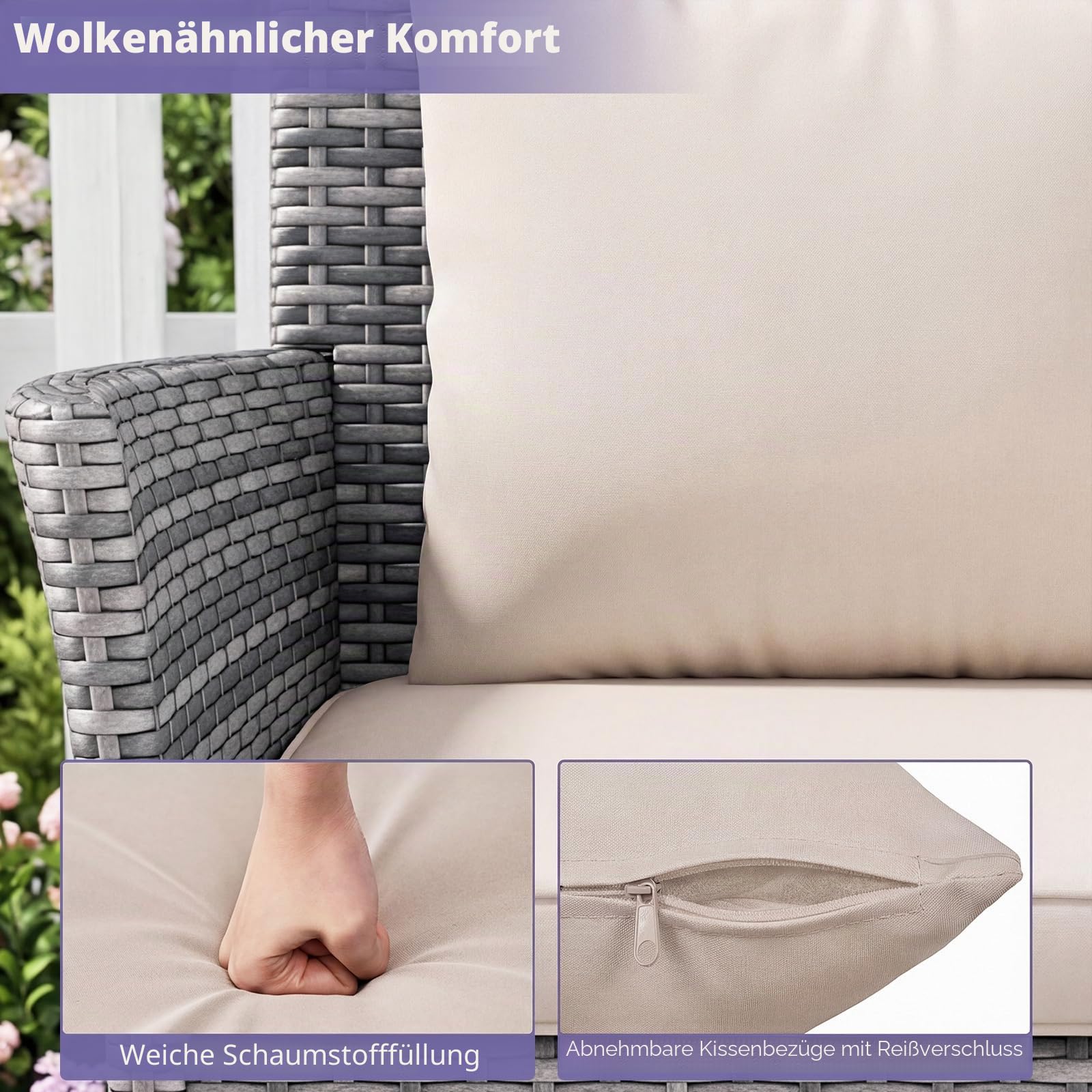 LIFEZEAL Gartenmöbel Set PE-Rattan, Balkonmöbel Set inkl. 2 Stühle mit Sitzkissen & Gartentisch, 3 TLG. Sitzgruppe für 2 Personen, Lounge Set für Balkon, Terrasse, Hof (Beige)