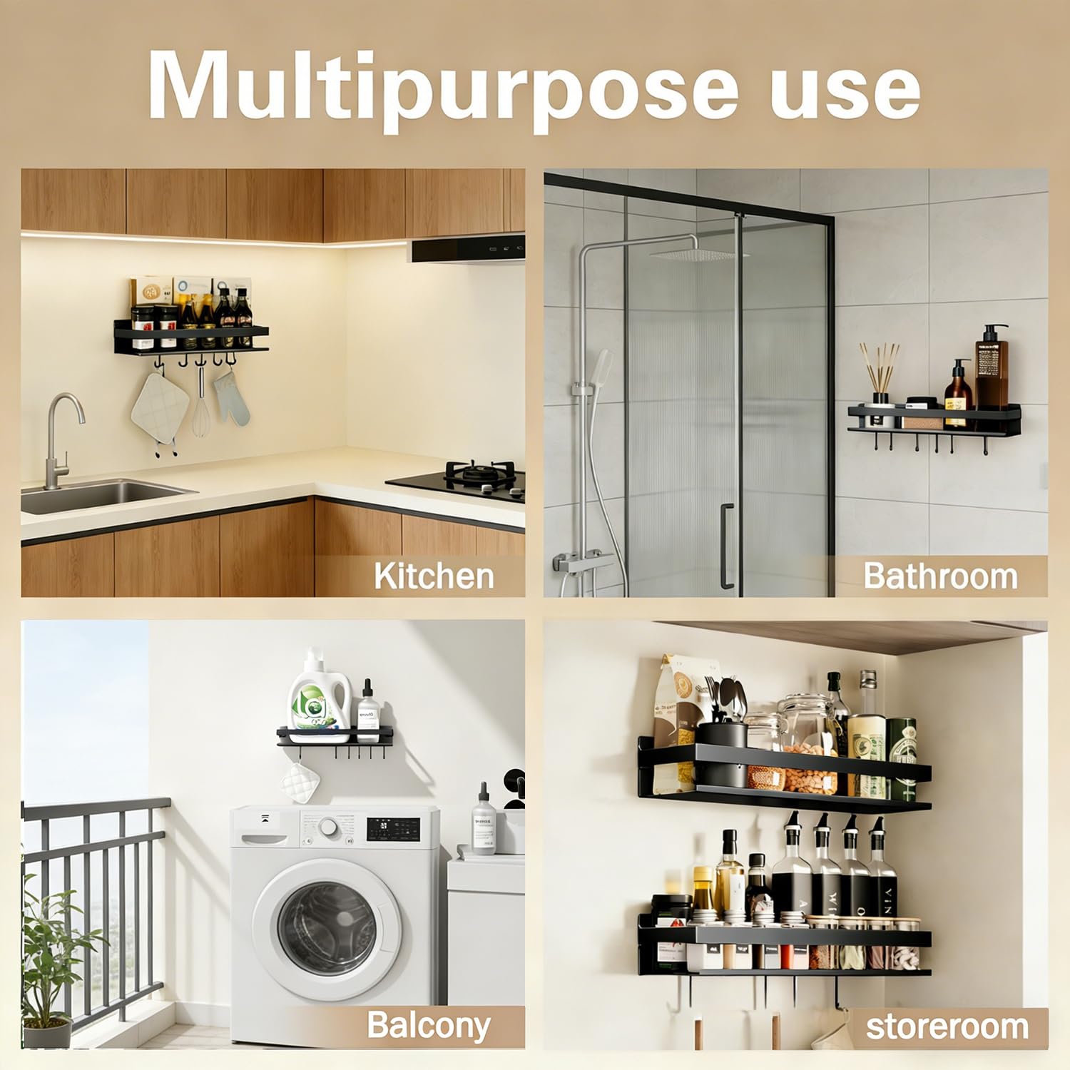 Paquete de 2 especieros de pared de 40 cm sin taladrar, con 6 ganchos, estante de almacenamiento de cocina, organizador de baño, estante colgante para balcón, color negro
