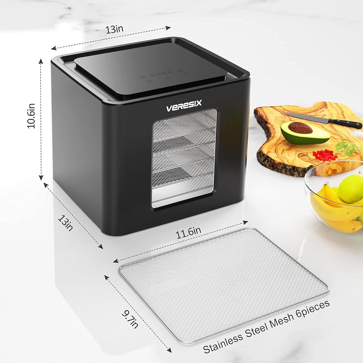 Dimensions of the VERESIX Food Dehydrator and its stainless steel mesh trays.