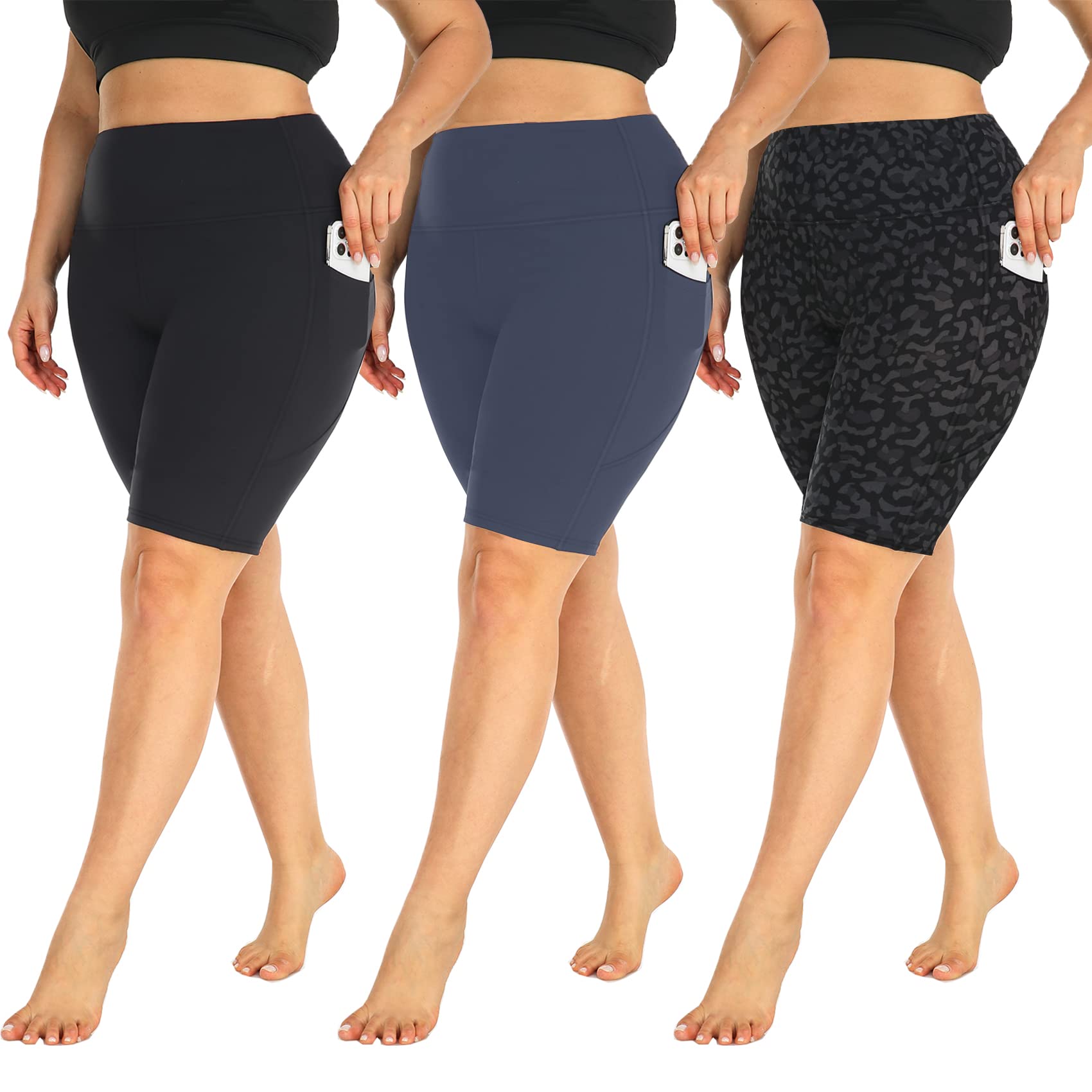 MOREFEEL 3 Pack Plus Size 8" Biker Shorts with Pockets for Women-High Waist Non-See Through Workout Black Yoga Short