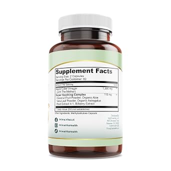 PrimaVita Apple Cider Vinegar Complex with The Mother 1300mg | Detox & Digestive Support Supplement with Aloe Vera, Coconut Fruit Powder, Astragalus, Bilberry | 120 Capsules