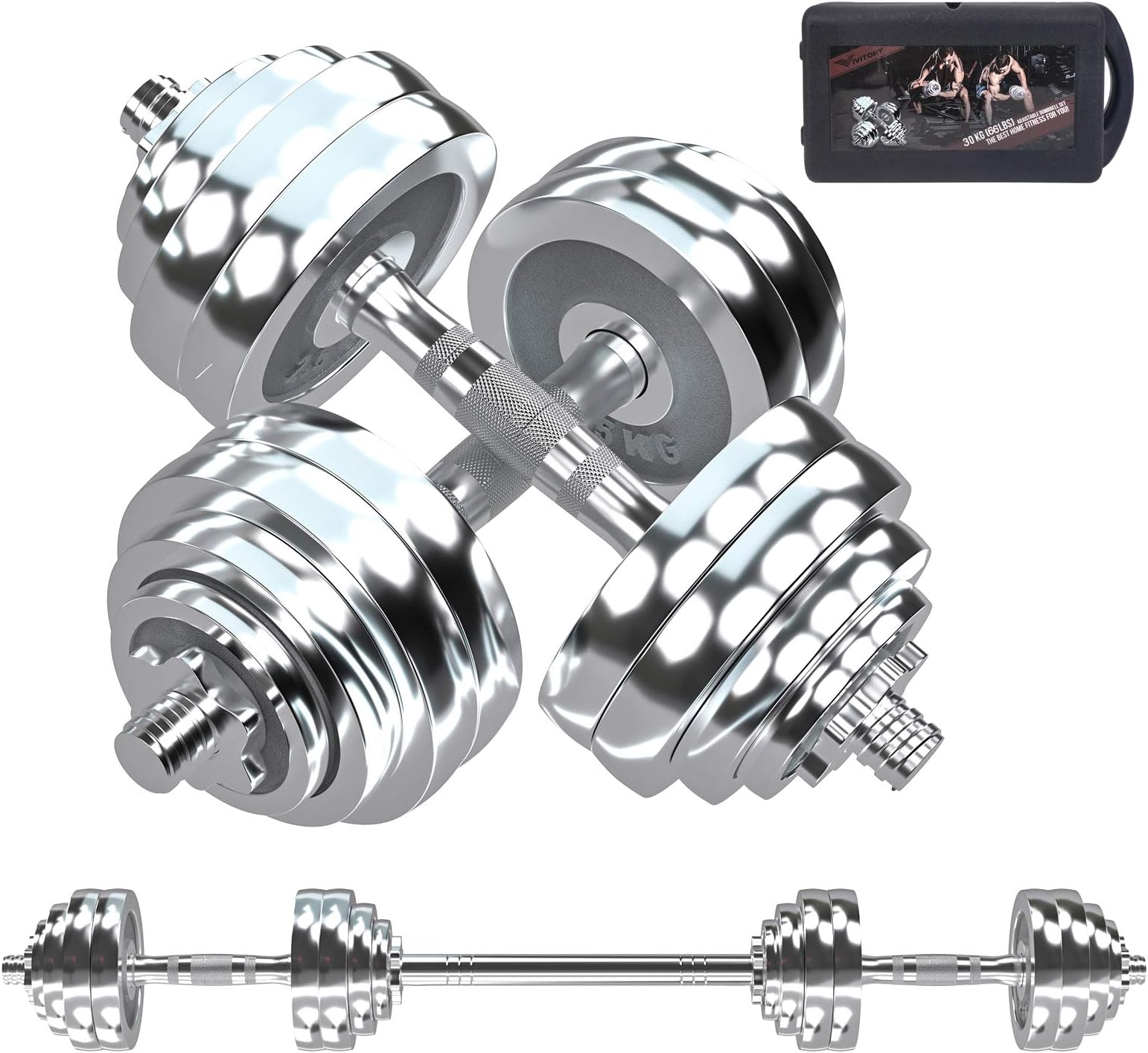 VIVITORY Fitness Dumbbells Set, Adjustable Weight Sets up to 11/22/44/66/100 lbs, with Metal Connecting Rod Used As Barbell, Chromed Weights, Hardcover Gift Box, Home Gym Work Out Training Equipment