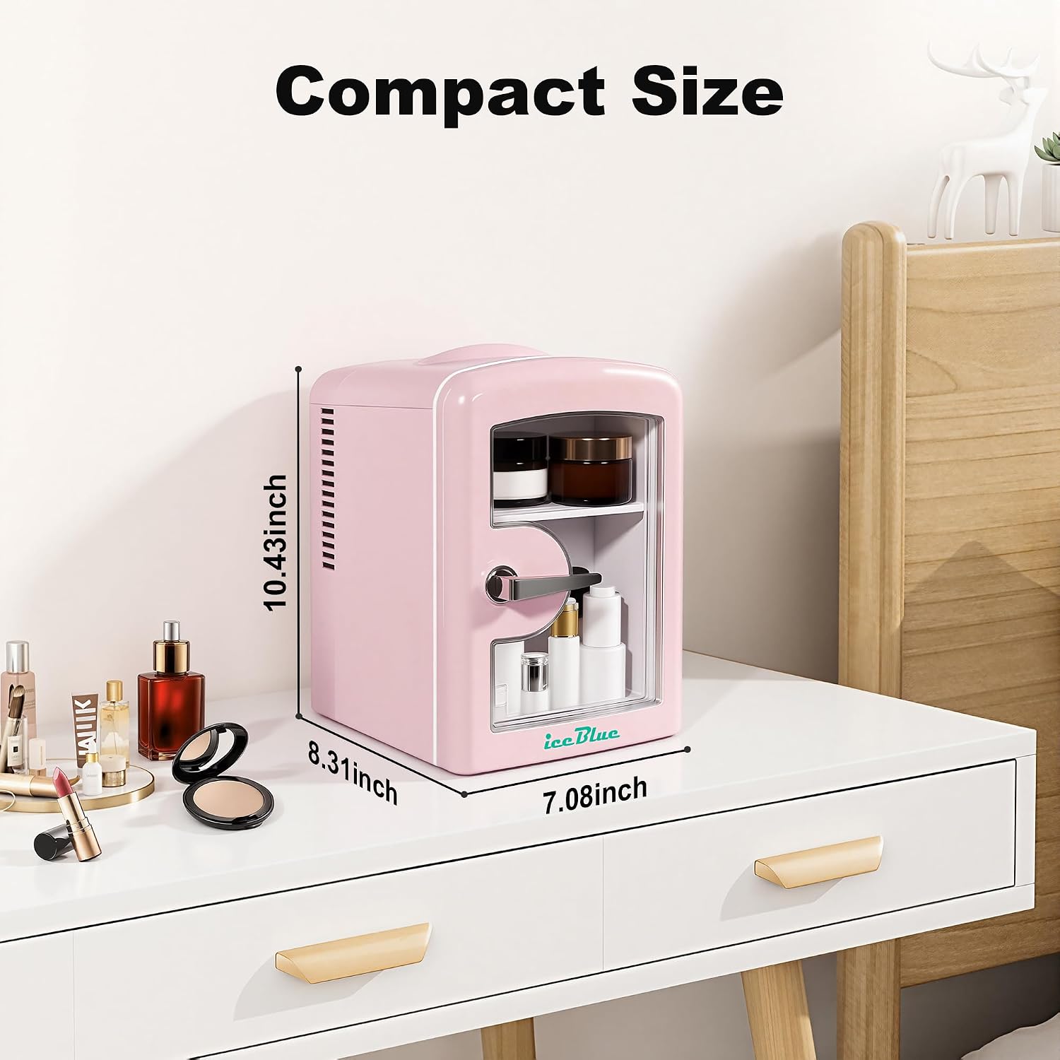 Iceblue Mini Fridge, Skincare Fridge with Viewing Window, 4 Liter /6 Cans Compact Mini Makeup Fridge for Beauty & Beverages, Tiny Fridge for Desk, Bedroom, Car, Office, Dorm, Gift - Pink