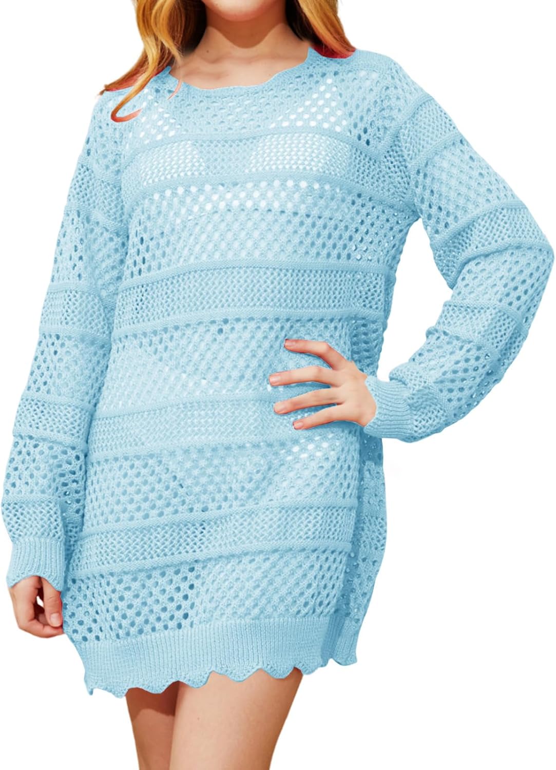 Girls Long Sleeve Swim Coverups Kids Fashion Crochet Beach Dress 5-14 Years - Image 2