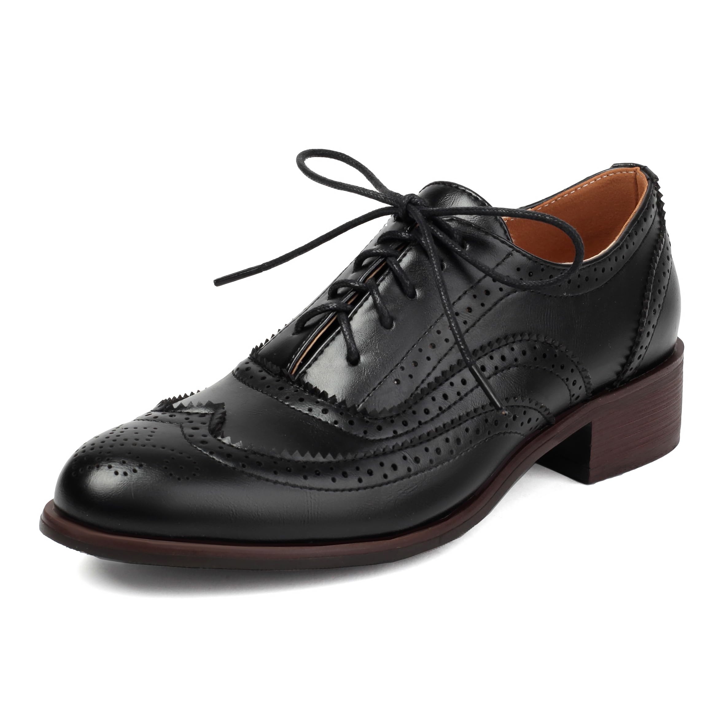 Womens Round Toe Low Chunky Heel Oxford Vintage Flat Pumps Comfortable Lace Up Business Wingtip Brogue Office Dress