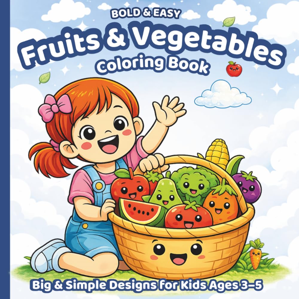 Bold & Easy Fruits and Vegetables Coloring Book for Kids Ages 3–5: Cute and Simple Fruits and Vegetables Designs for Toddlers and Preschooler (Bold and Easy Coloring Books for Kids Ages 3–5)