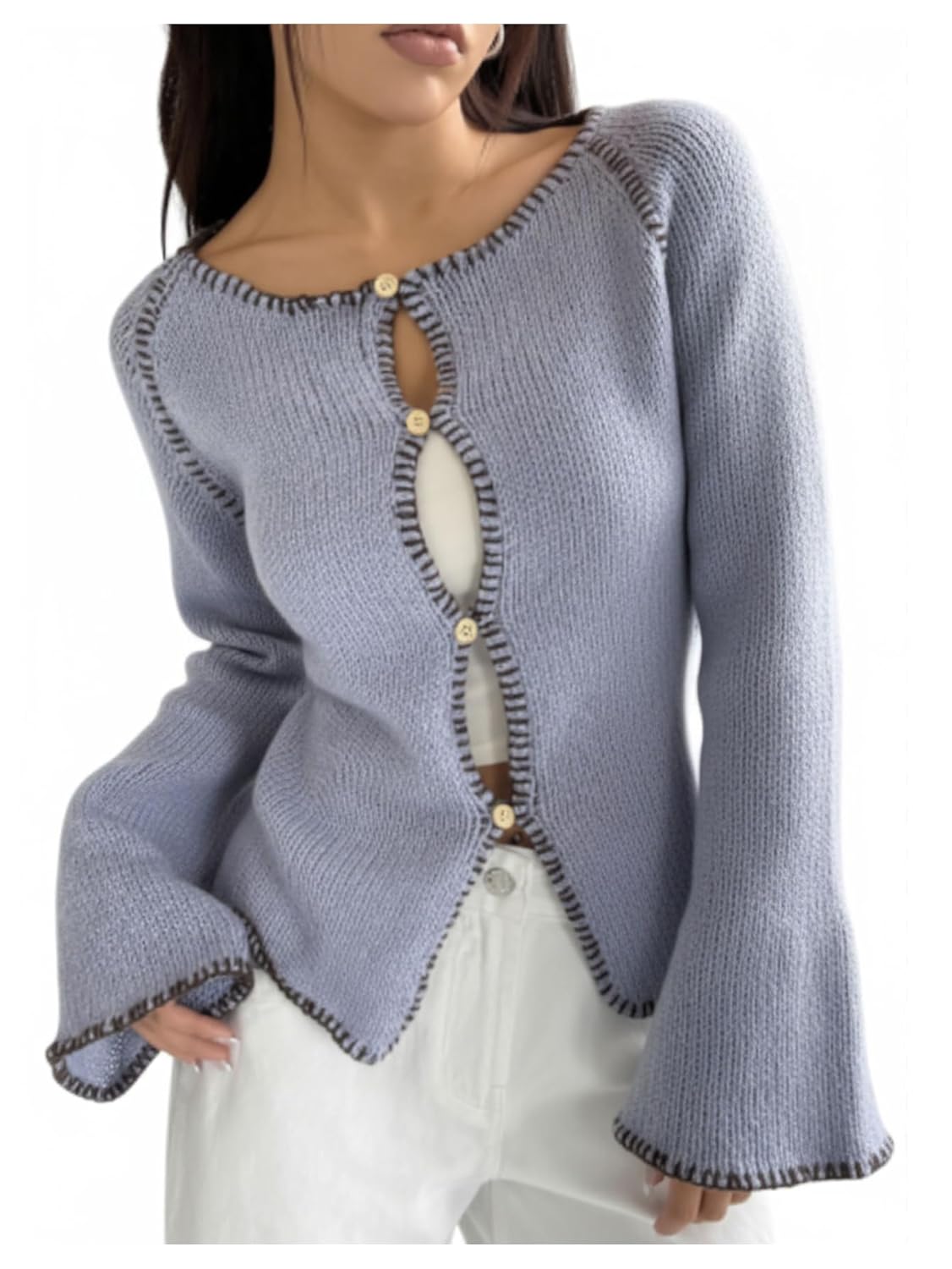 SweatyRocks Womens Open Front Button Up Hollow Out Cardigan Contrast Crew Neck Knit Lightweight Sweater Fall Clothes